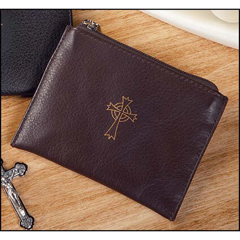 Gold Cross Leather Rosary Case  - Black or Brown - Image 2