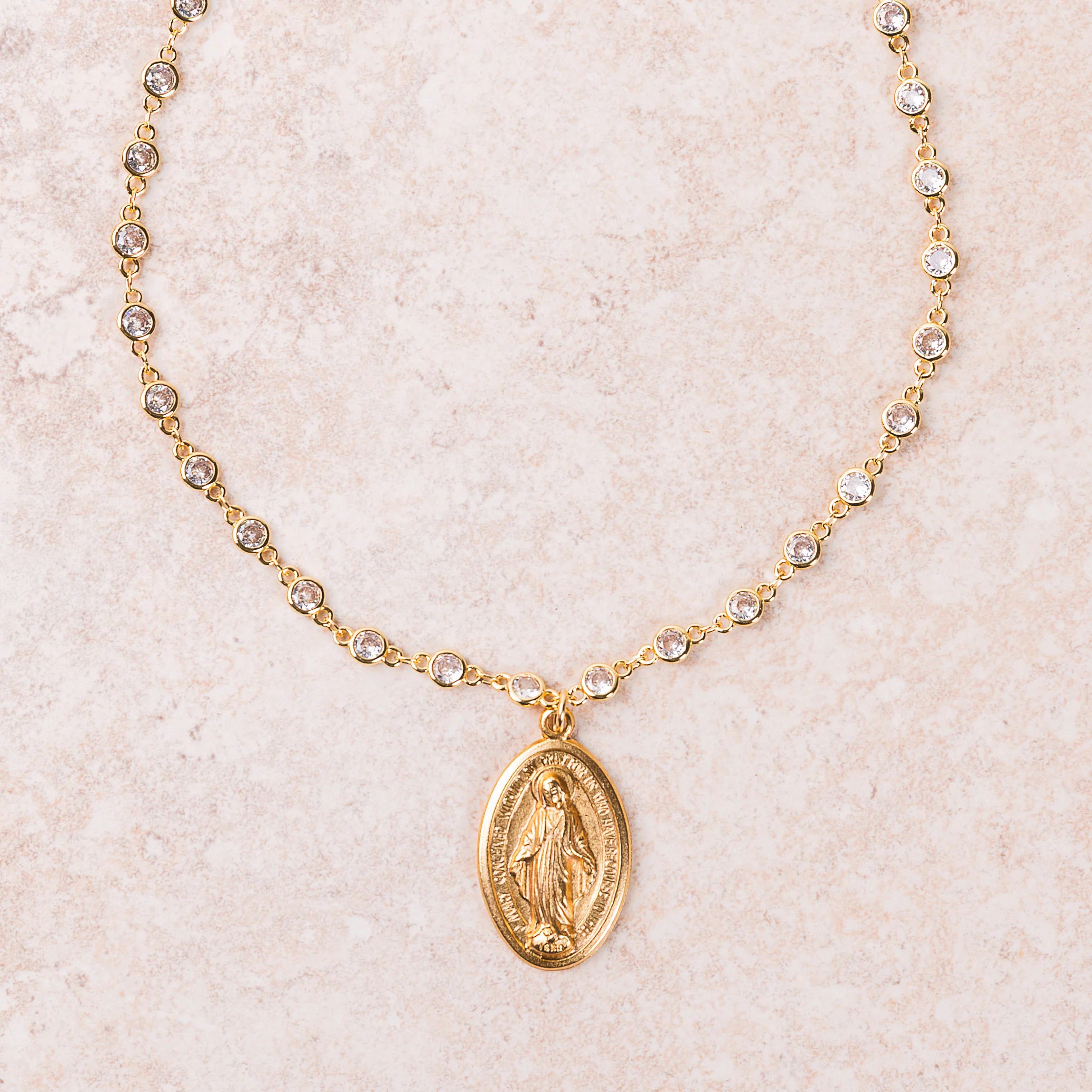 Gold & Crystal Miraculous Medal Necklace - Image 2