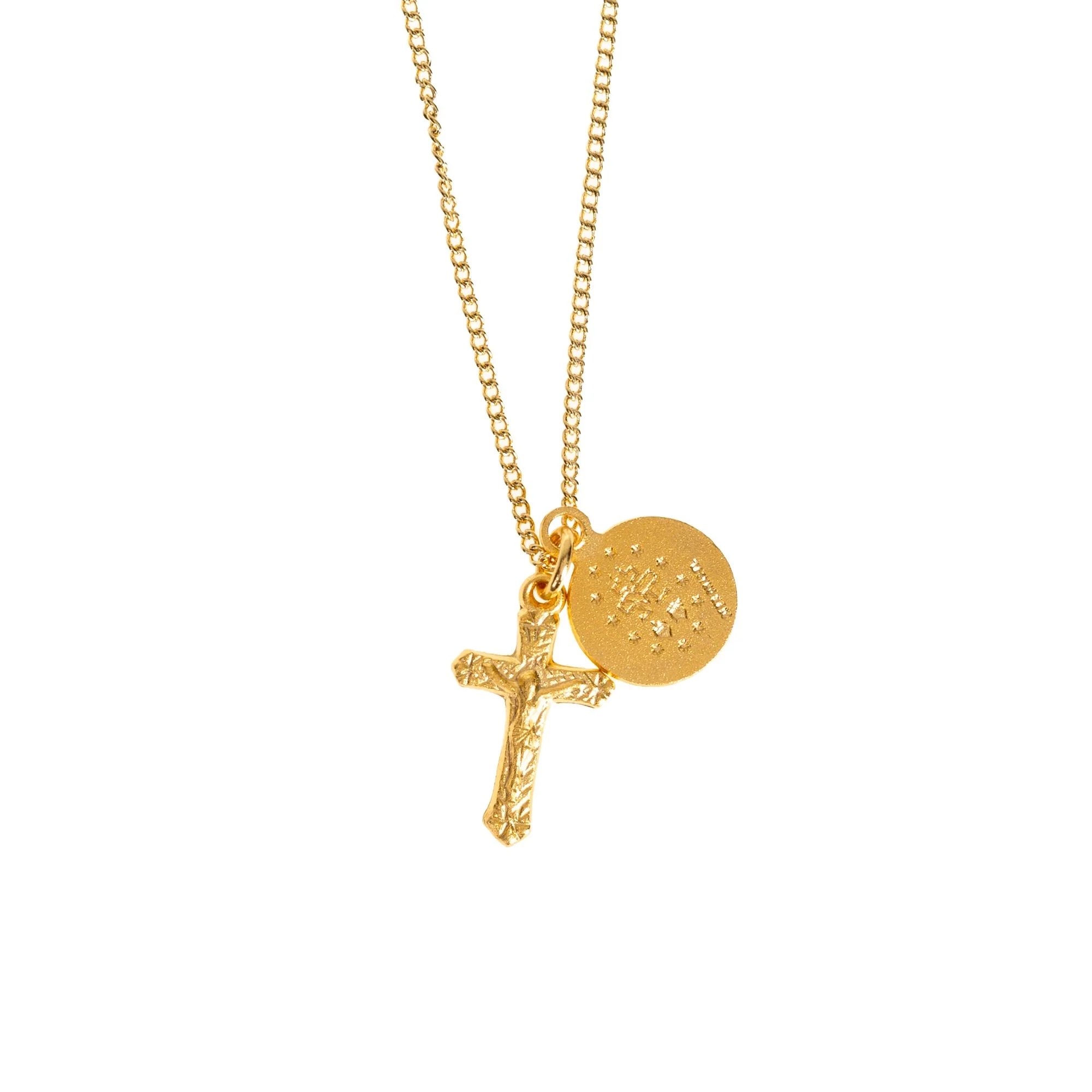 Gold Plated Round Miraculous Medal & Petite Crucifix Necklace - Image 3