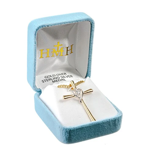 Gold Plated Two Tone CZ Heart Cross