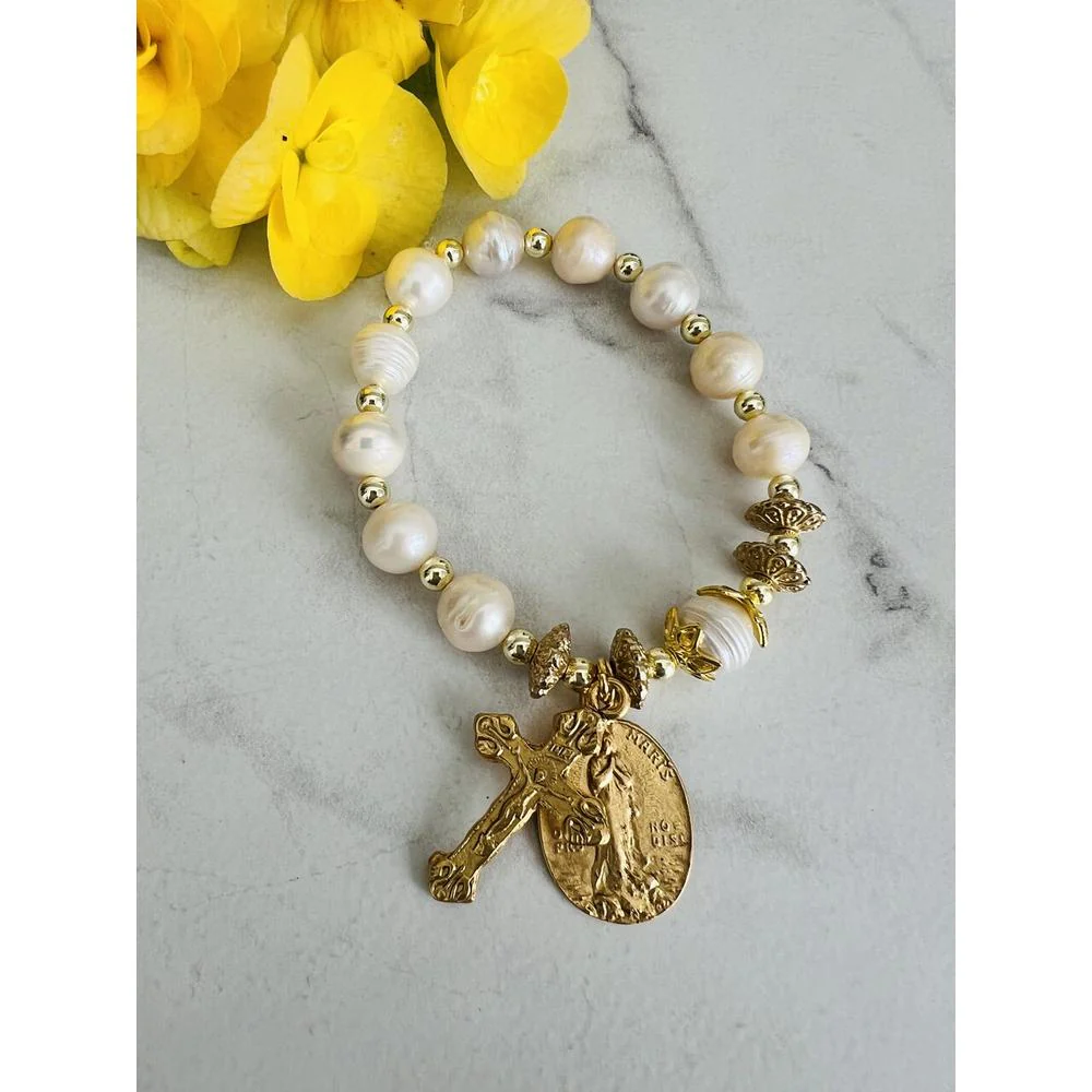 Gold Stella Maris Pearl Stretch Rosary Bracelet