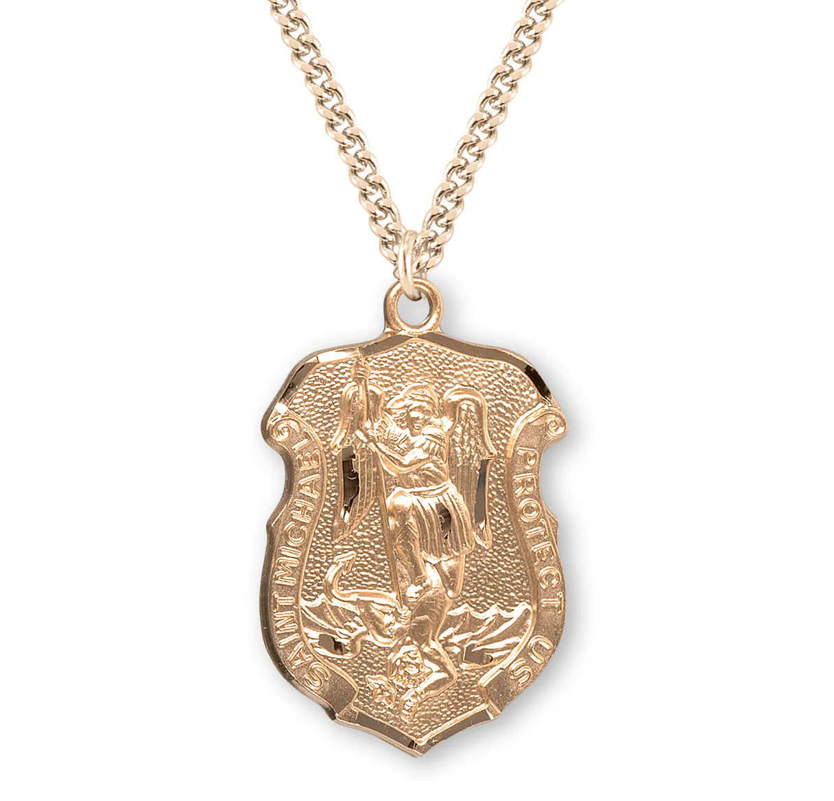 Gold/Sterling Laser Cut Shield St. Michael Medal Necklace