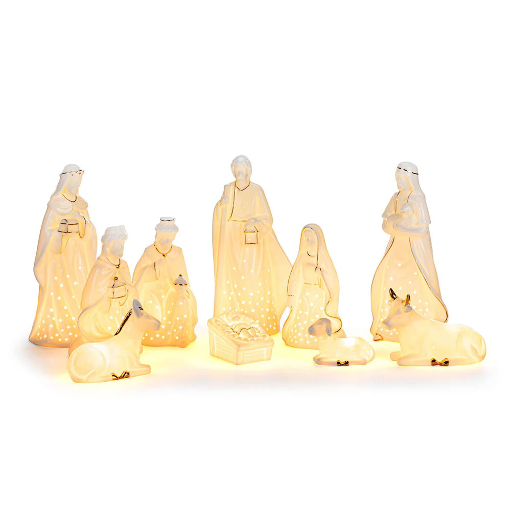 Gold & White Ceramic LED Nativity Set - 10 Pieces - Image 2