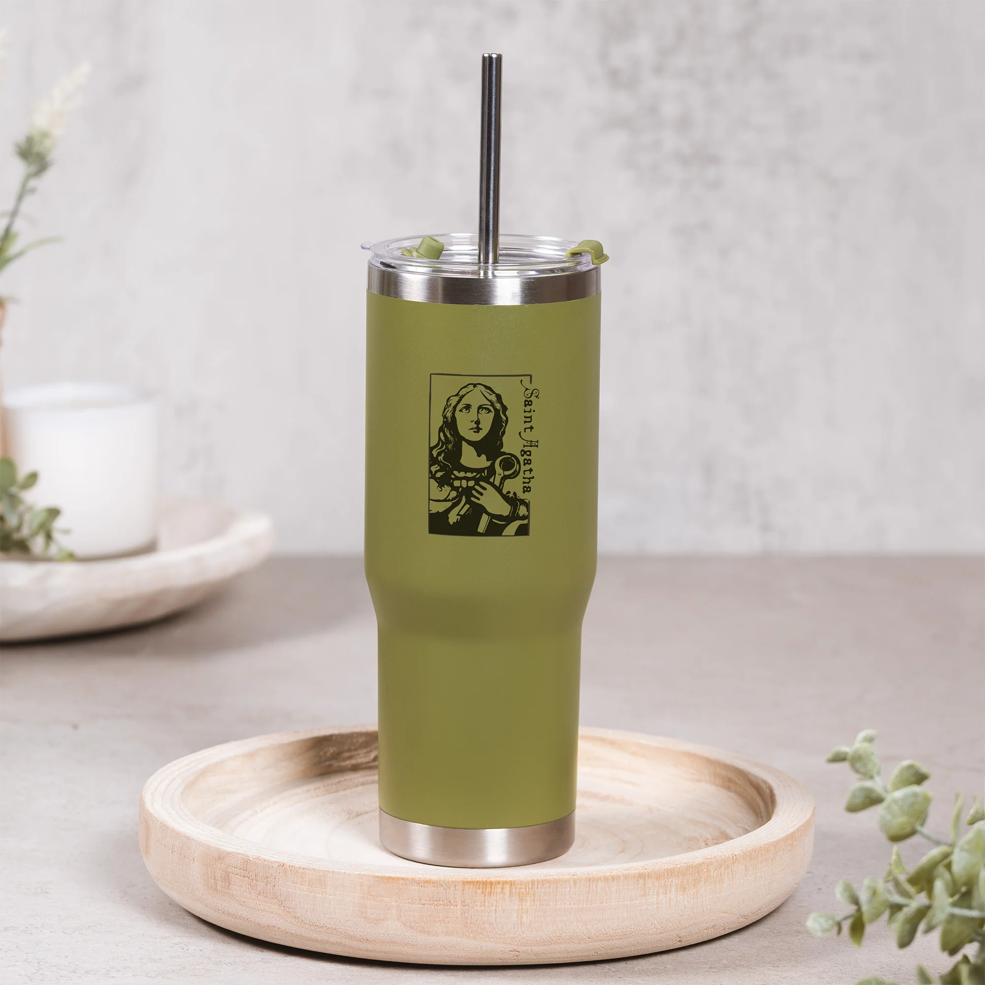 Green St. Agatha Stainless Steel Tumbler with Straw - Image 3