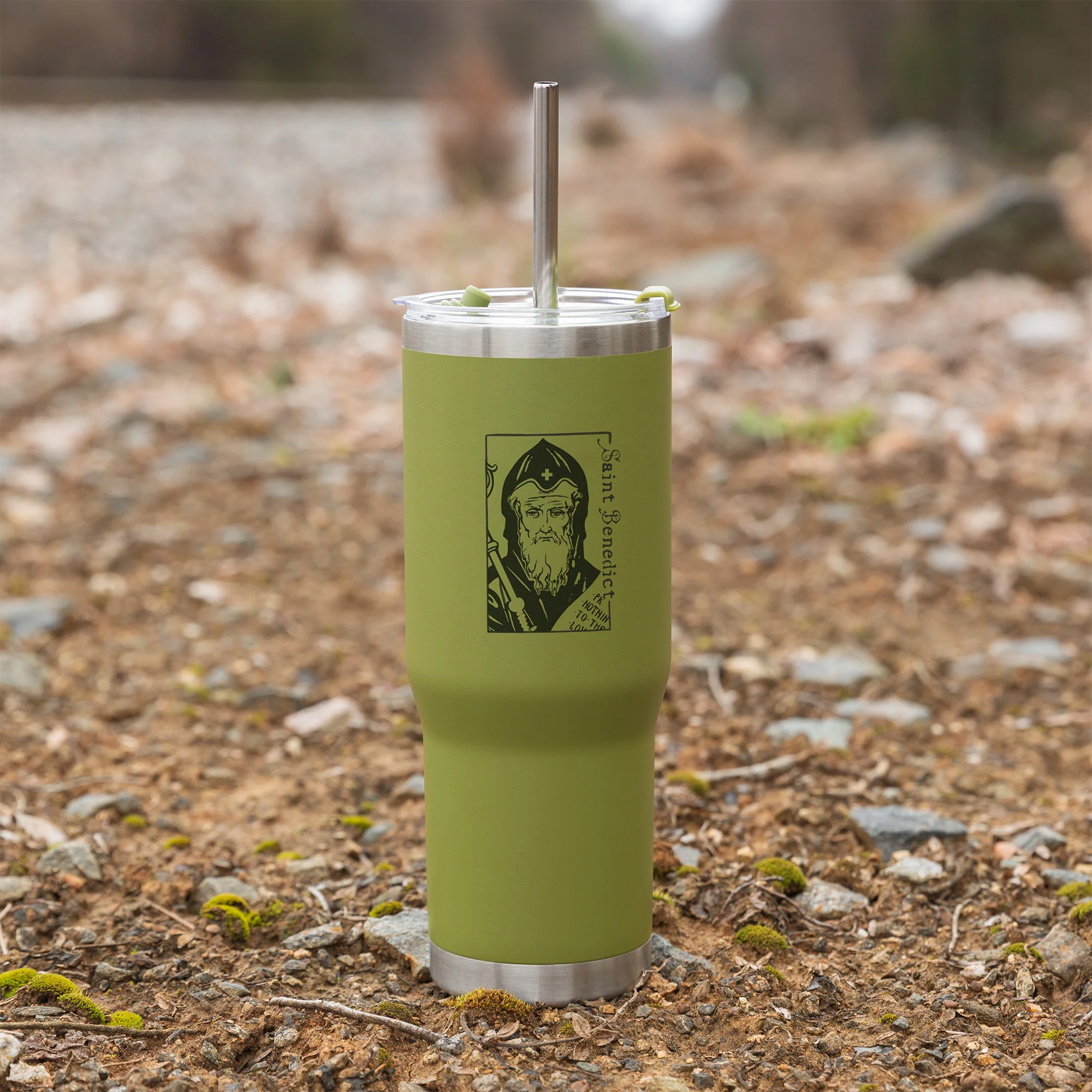 Green St. Benedict Stainless Steel Tumbler with Straw