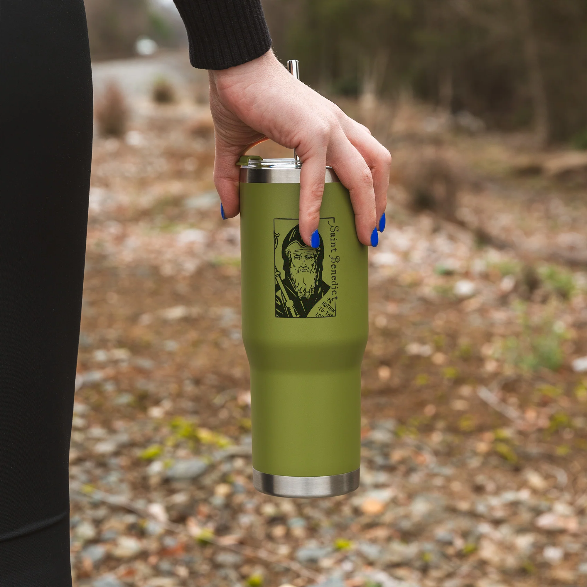 Green St. Benedict Stainless Steel Tumbler with Straw - Image 3