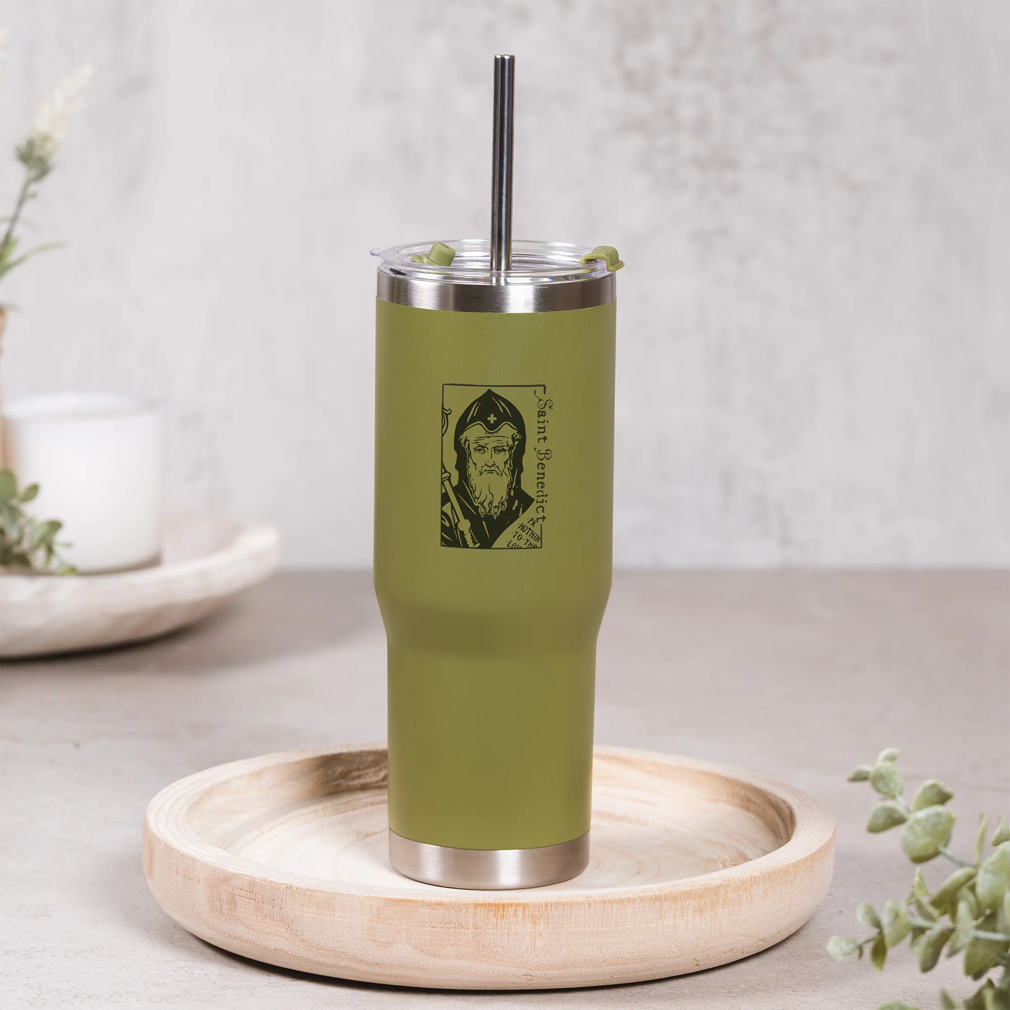 Green St. Benedict Stainless Steel Tumbler with Straw - Image 4