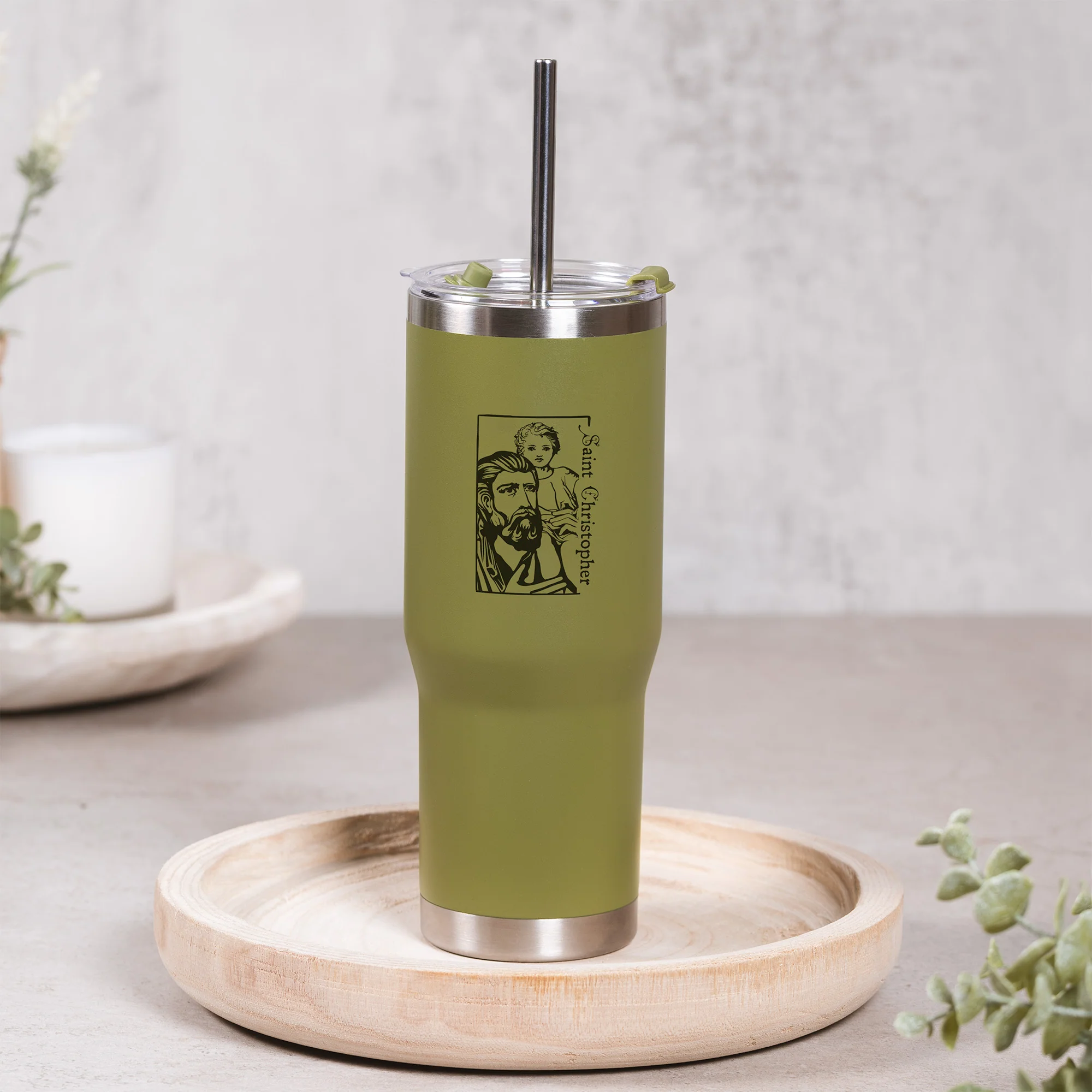 Green St. Christopher Stainless Steel Tumbler with Straw - Image 4