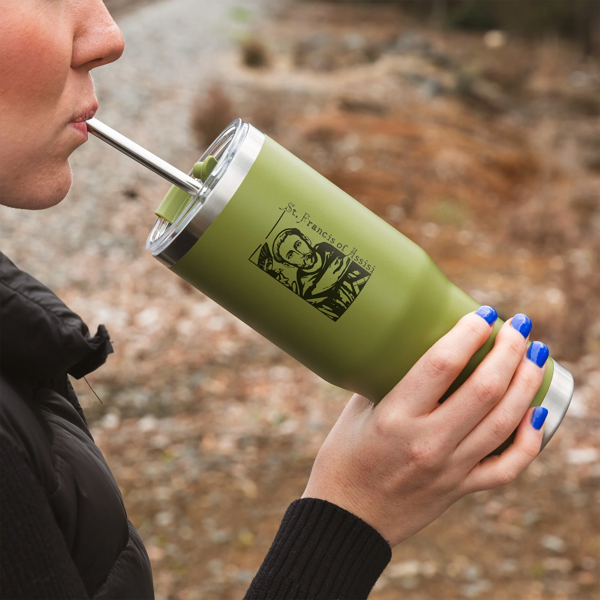 Green St. Francis Stainless Steel Tumbler with Straw - Image 2