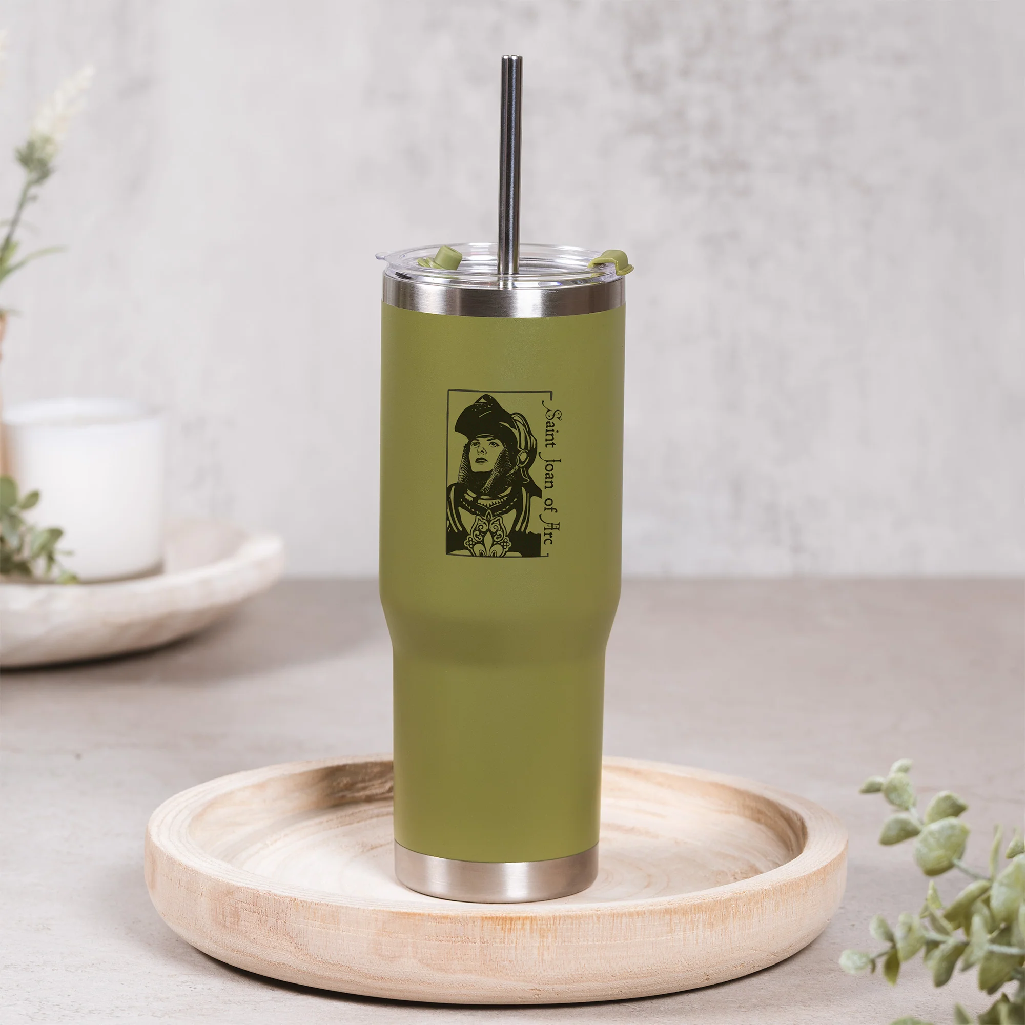 Green St. Joan of Arc Stainless Steel Tumbler with Straw - Image 4