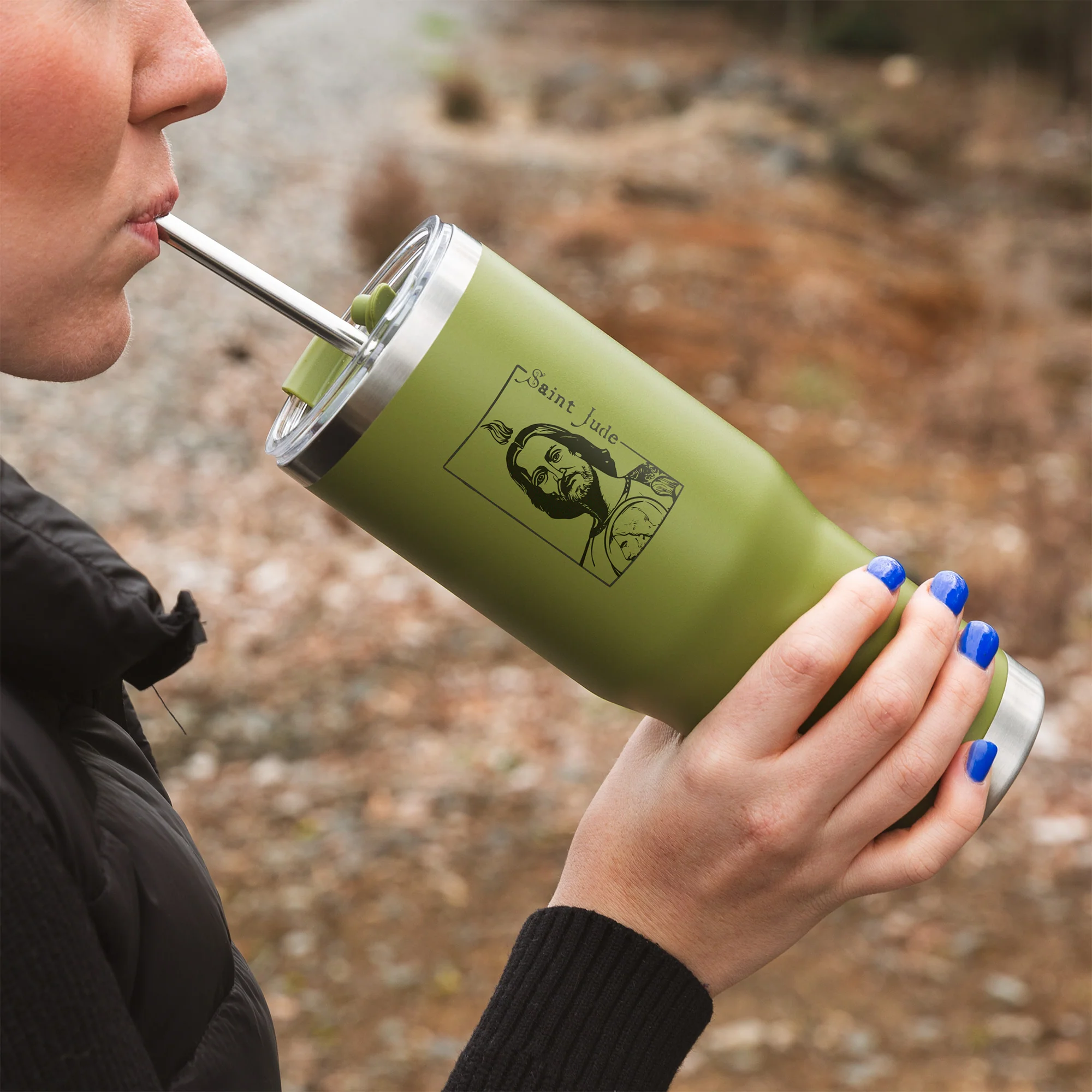 Green St. Jude Stainless Steel Tumbler with Straw - Image 2