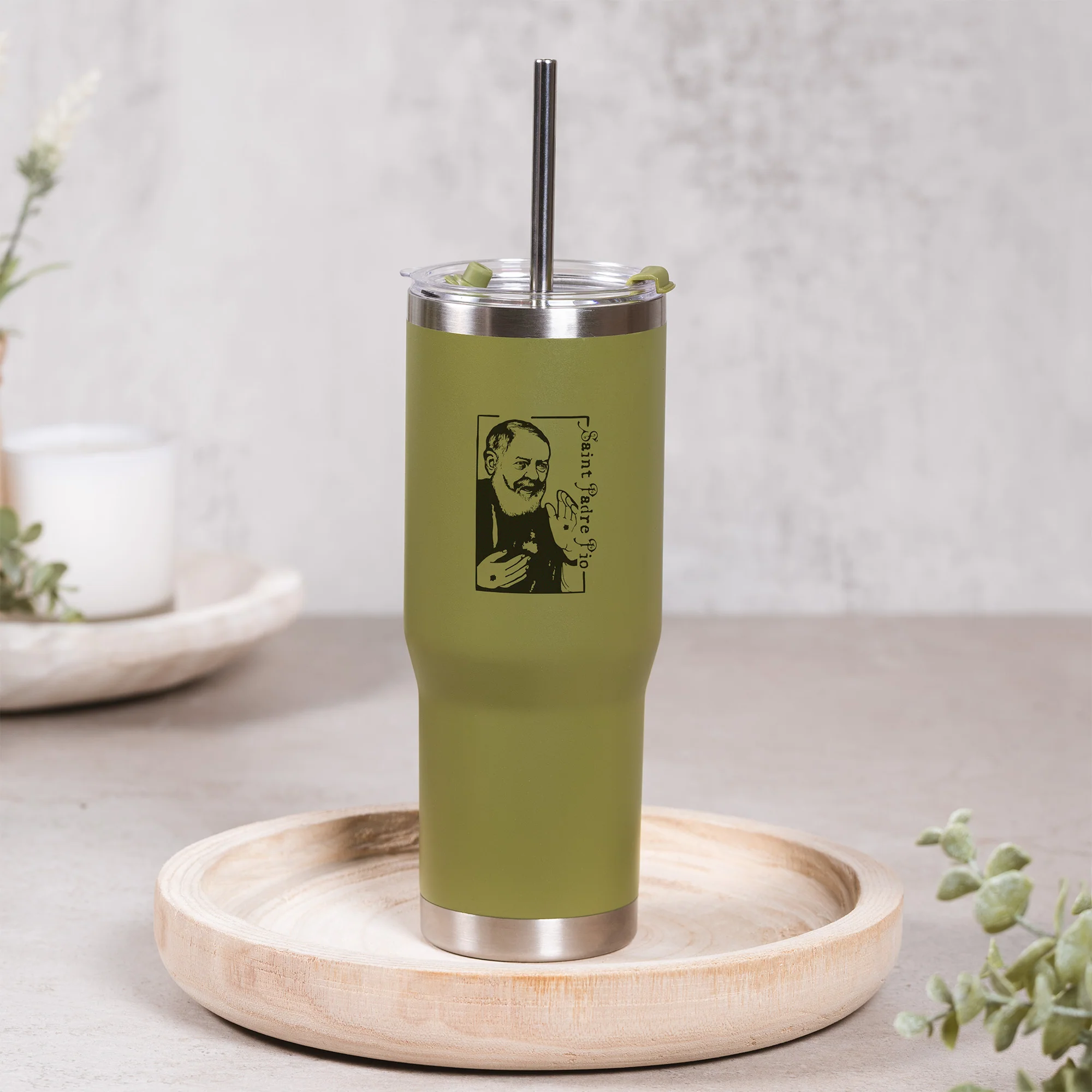 Green St. Padre Pio Stainless Steel Tumbler with Straw - Image 4