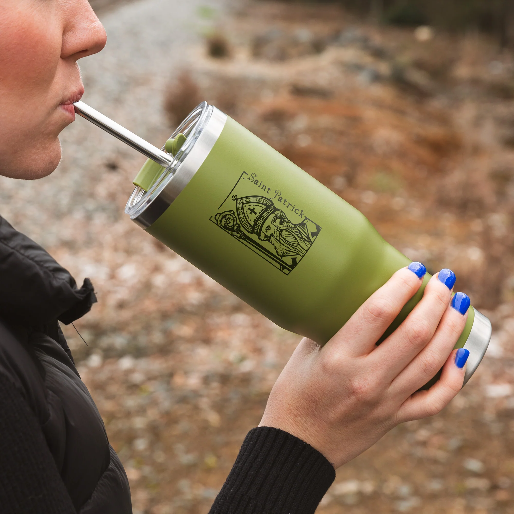 Green St. Patrick Stainless Steel Tumbler with Straw - Image 2