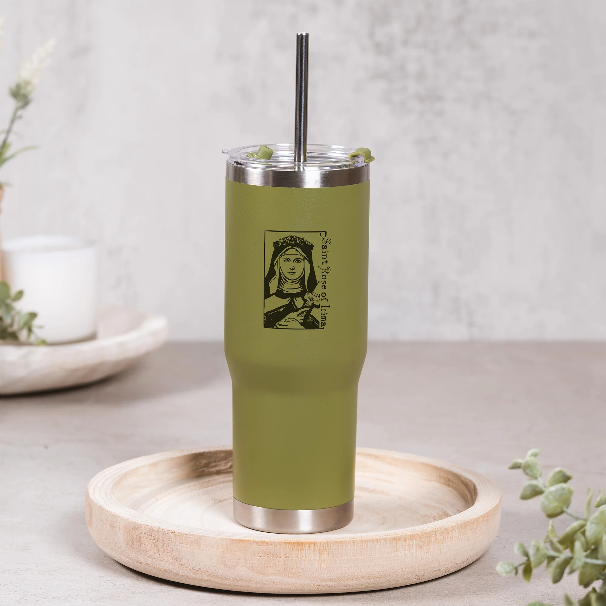Green St. Rose of Lima Stainless Steel Tumbler with Straw - Image 4