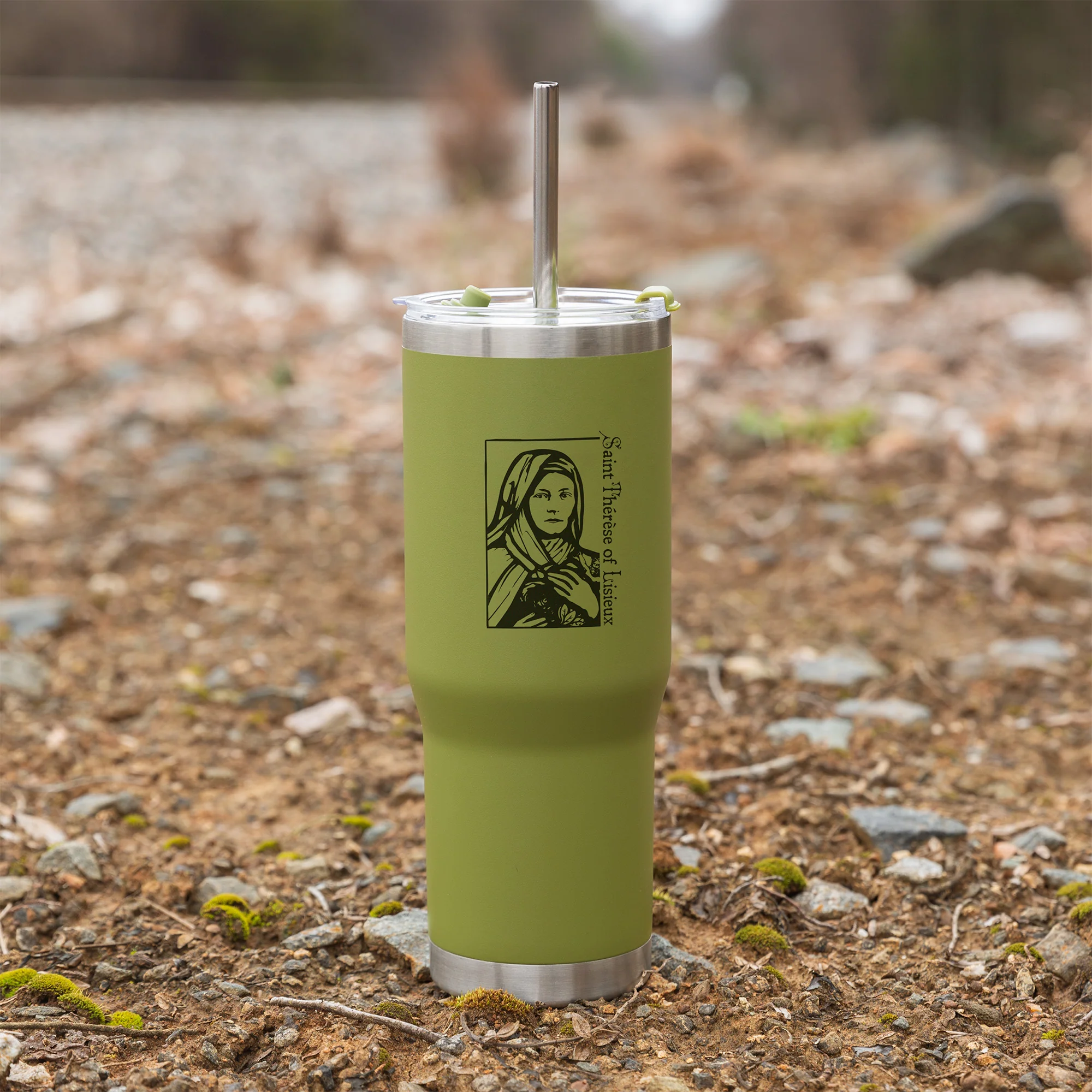 Green St. Thérèse Stainless Steel Tumbler with Straw