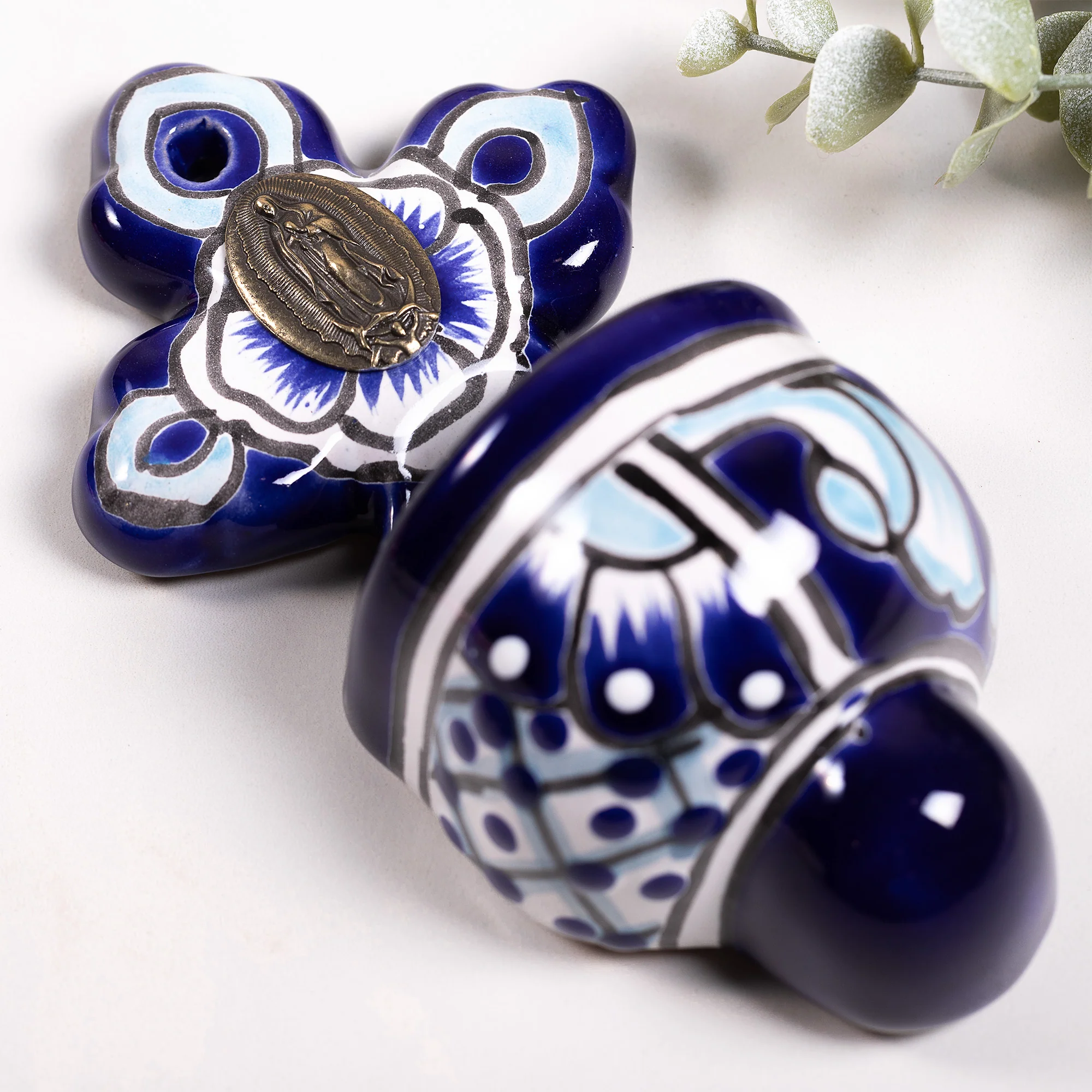 Guadalupe Mexican Talavera Holy Water Font - Blue & White Cross - Image 3