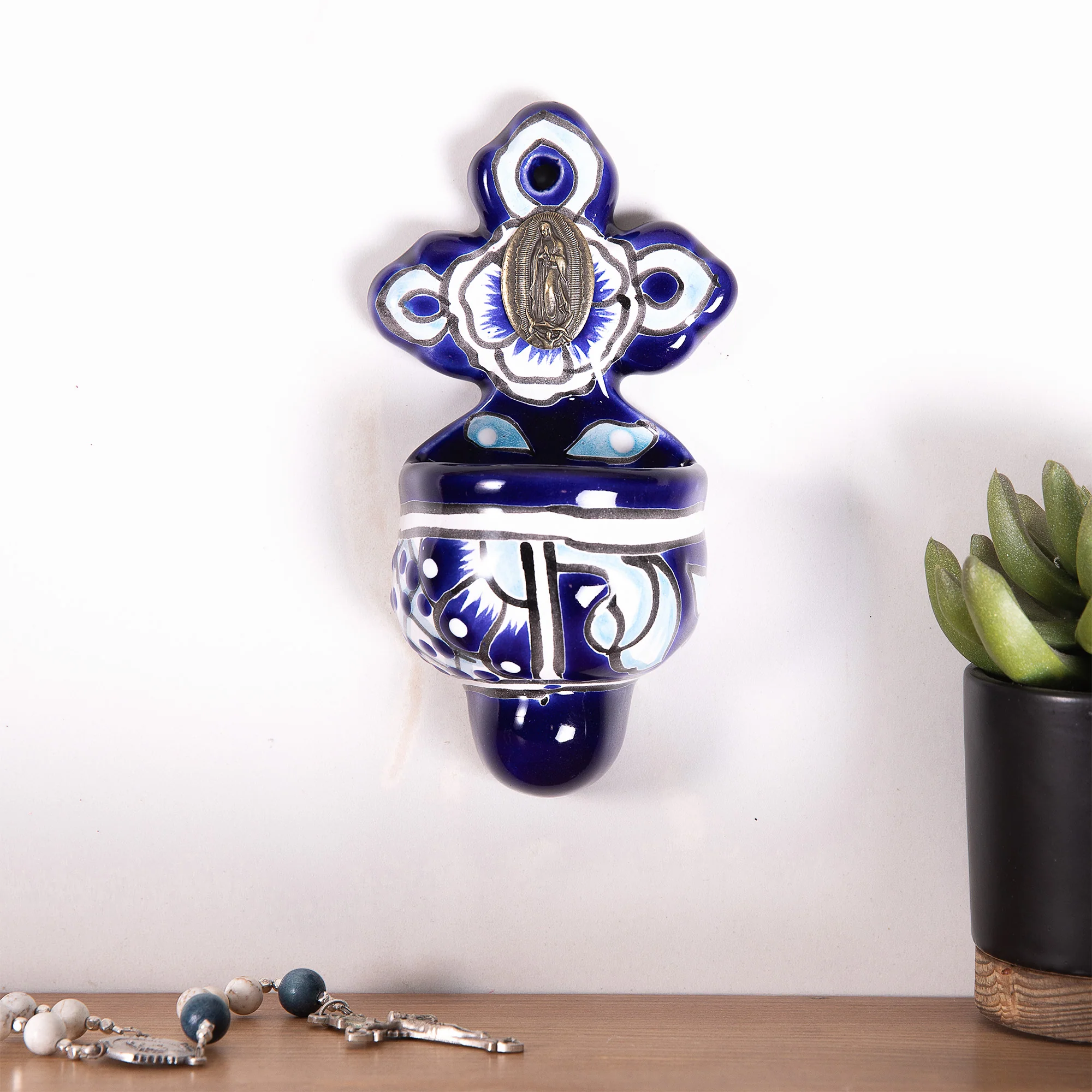 Guadalupe Mexican Talavera Holy Water Font - Blue & White Cross - Image 4