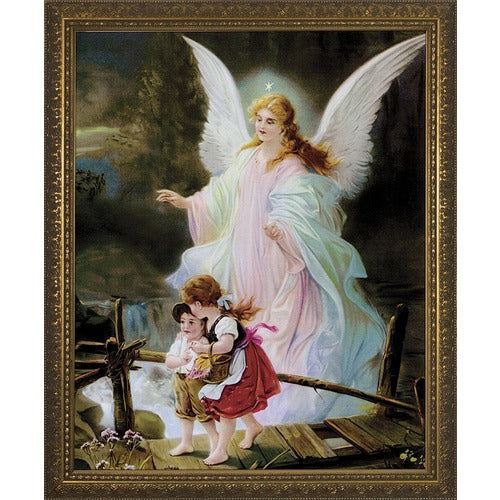 Guardian Angel on the Perilous Bridge in Gold Frame - 12" x 16"