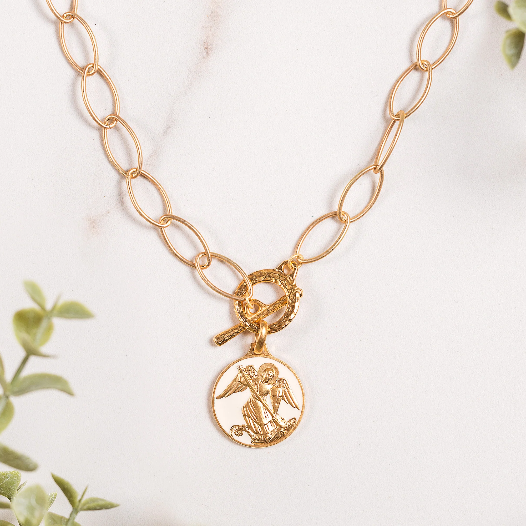 Handcrafted White Enamel St. Michael Necklace