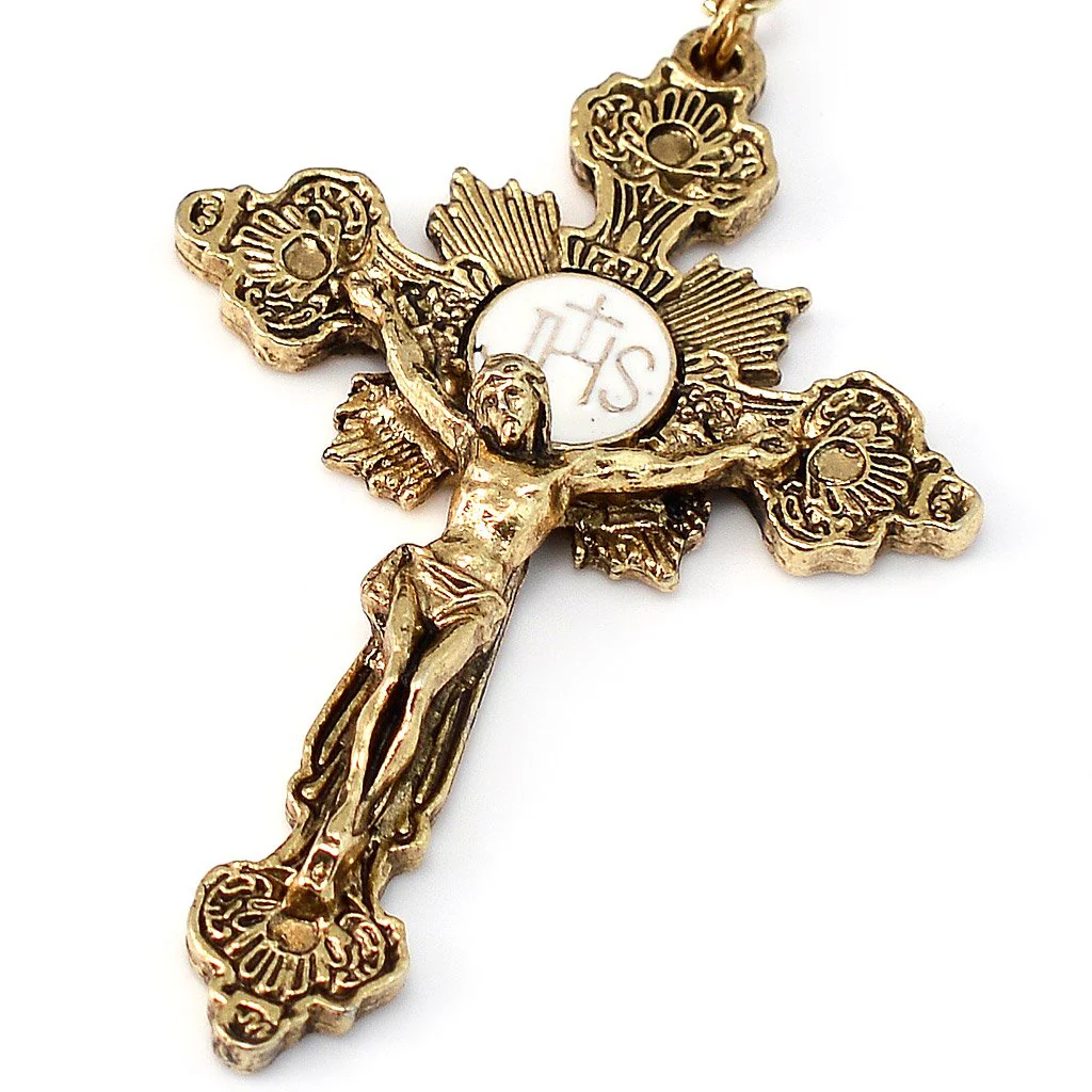 Holy Communion Eucharistic Pearl & Gold Rosary - Image 2
