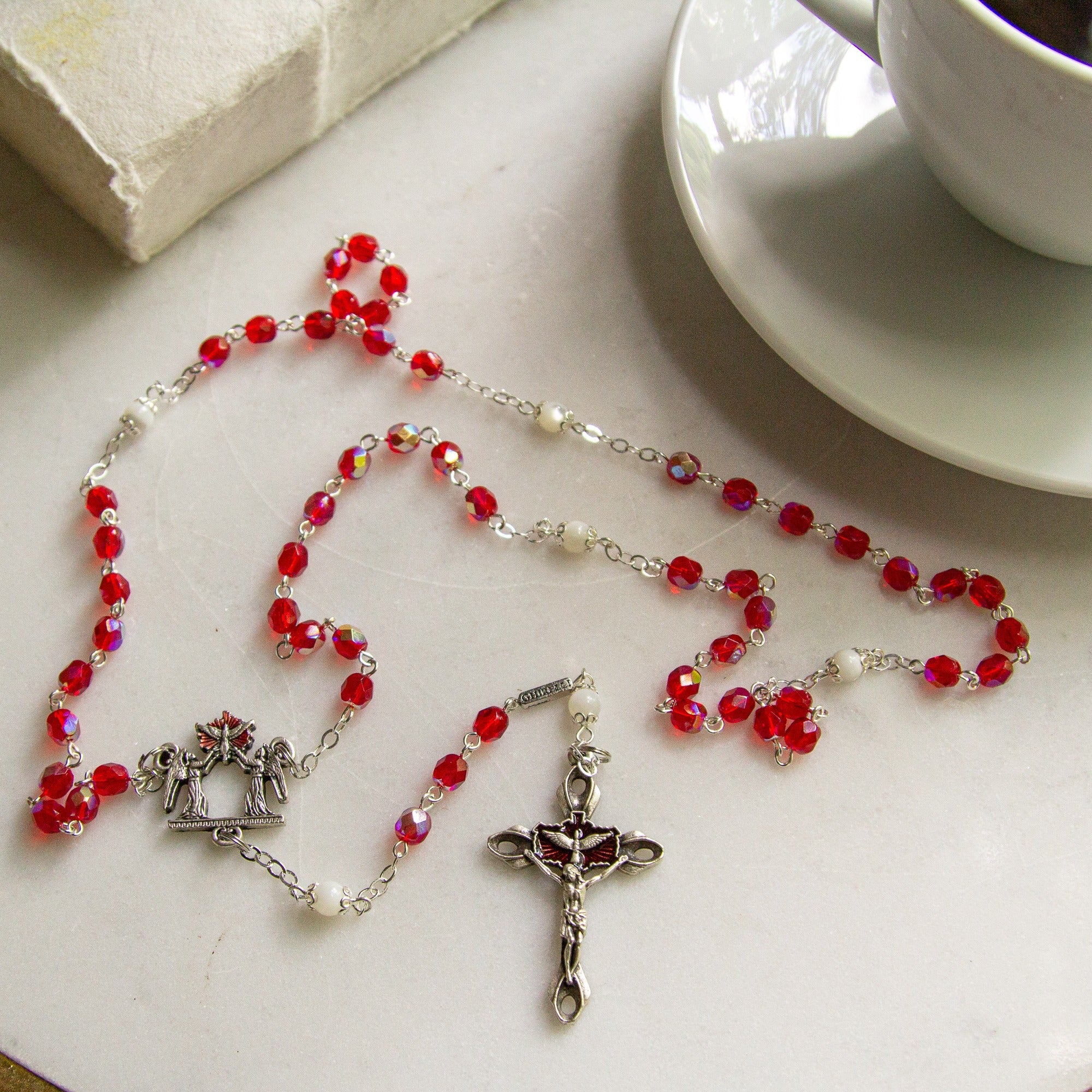 Holy Confirmation Faceted Red & Silver Rosary - Image 2