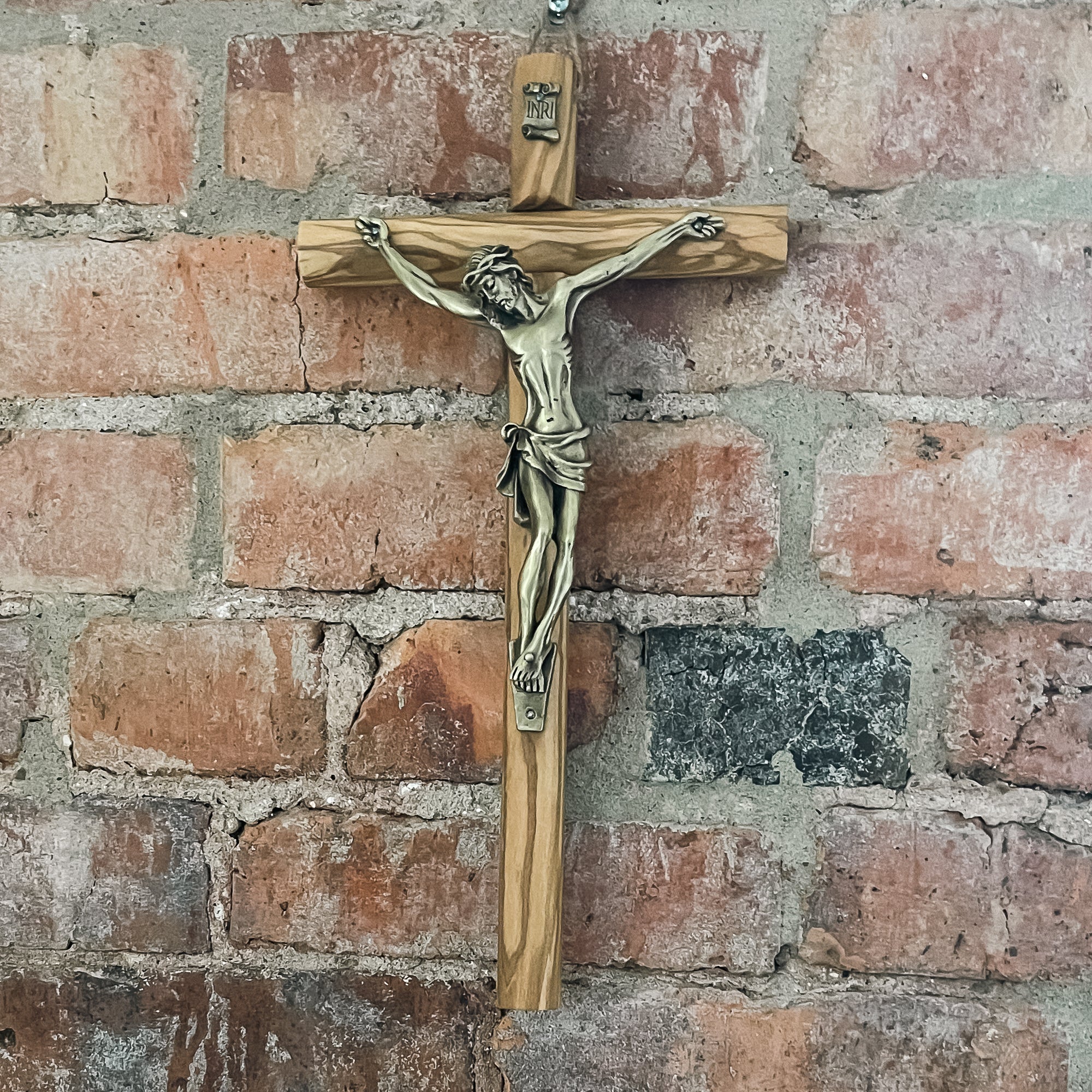 Italian Olive Wood & Bronze Crucifix - 13"