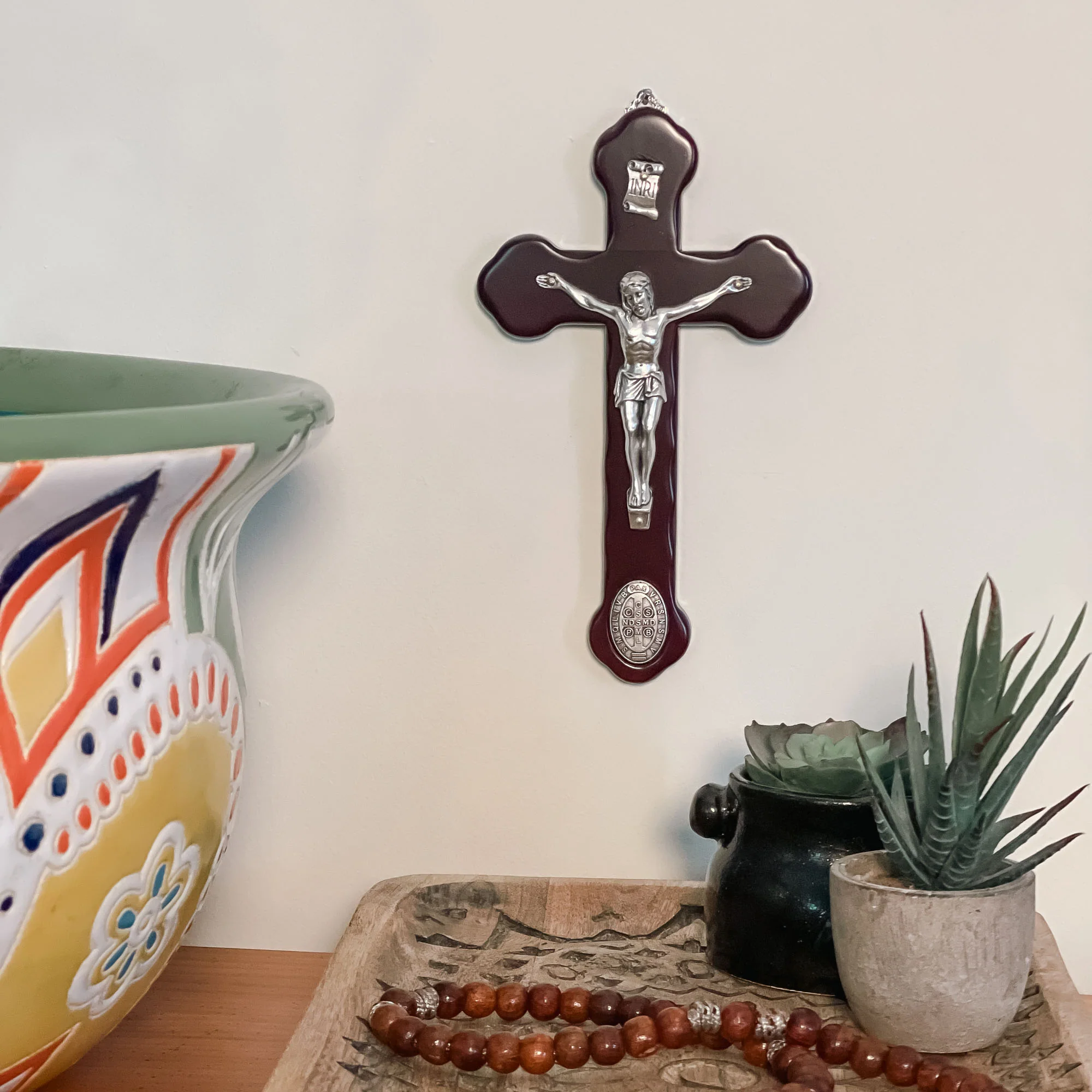 Italian Wall Crucifix with Silver St. Benedict Medal - 8"