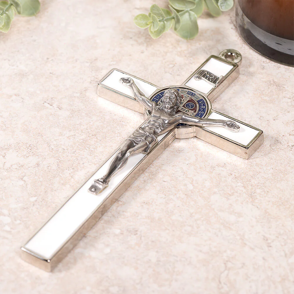 Italian White Enamel St. Benedict Wall Crucifix - 7.75" - Image 2