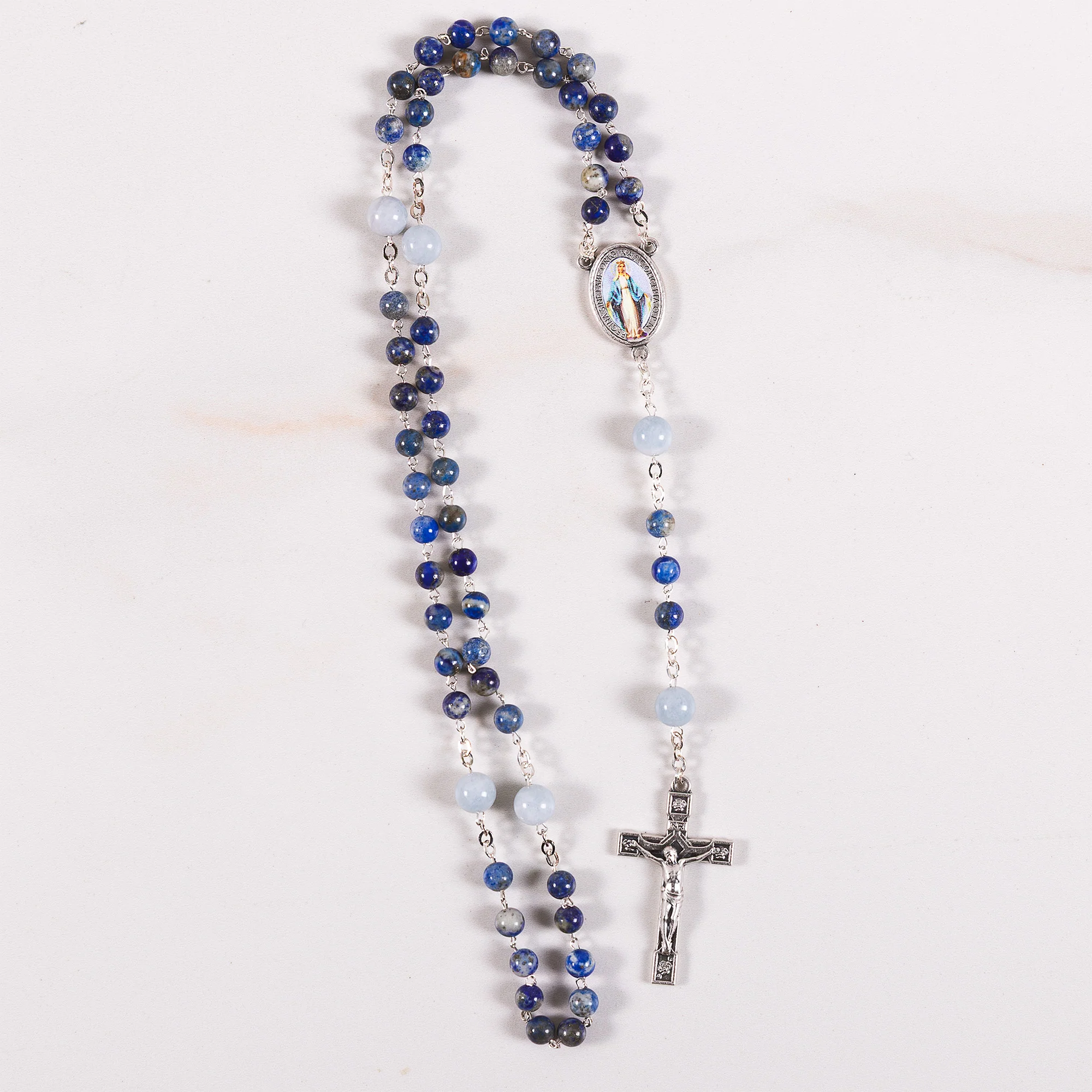 Lapis & Angelite Miraculous Medal Rosary