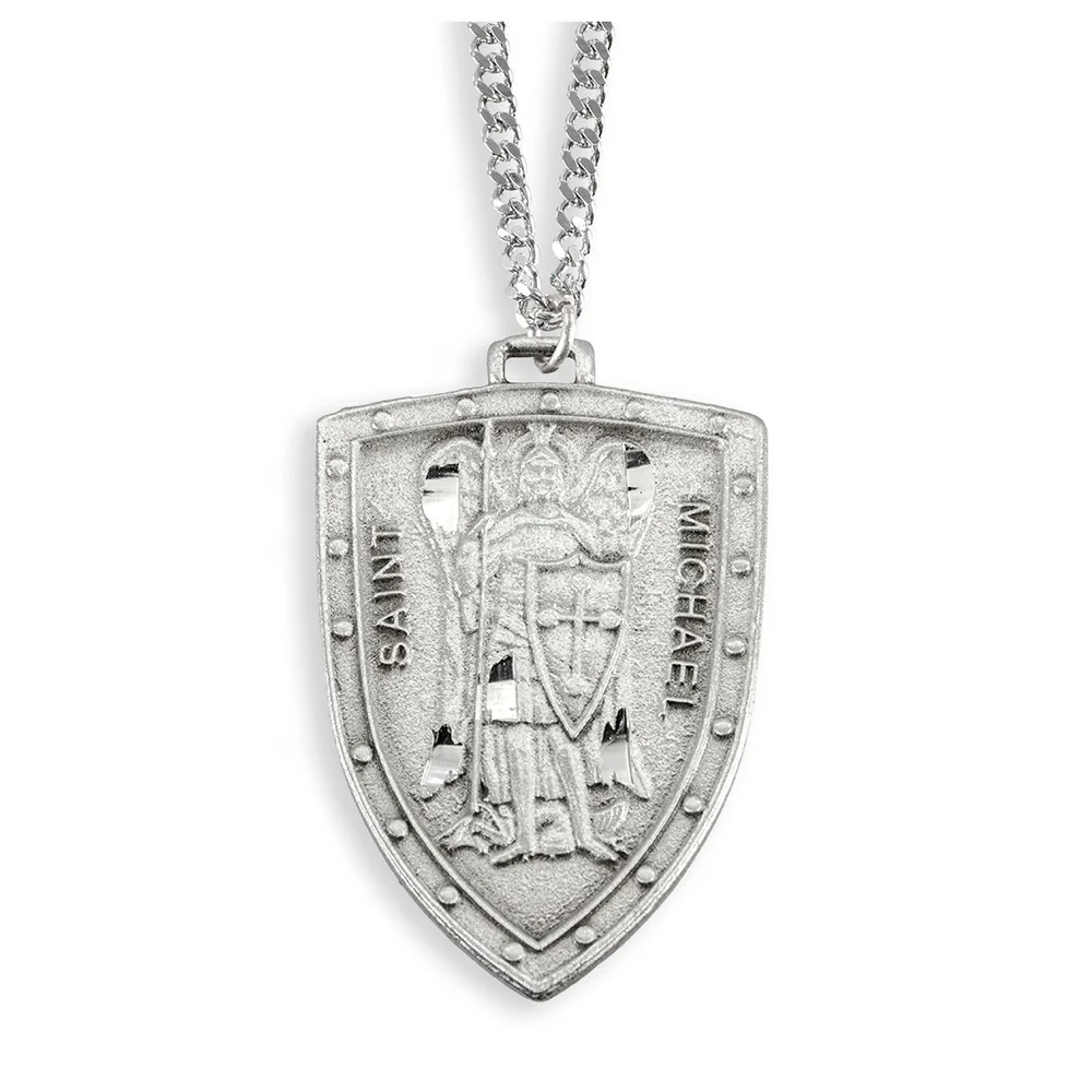 Large Pewter St. Michael Shield Medal Necklace