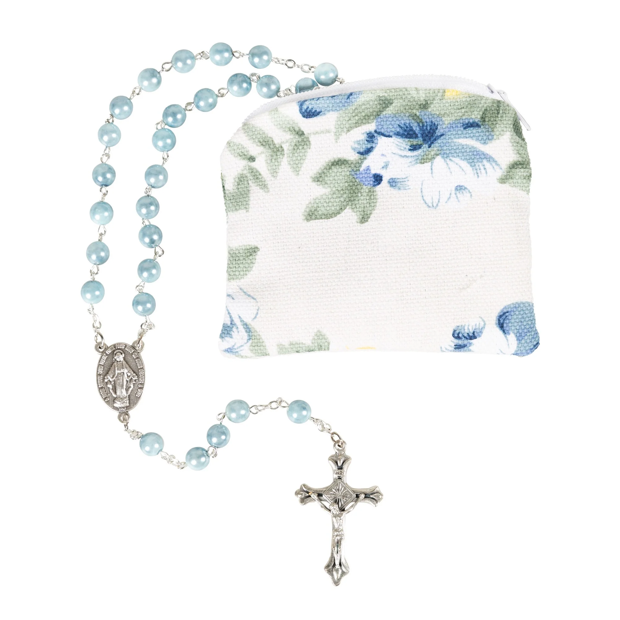 Marian Blue Pearl Rosary in Rose Garden Pouch - Image 2