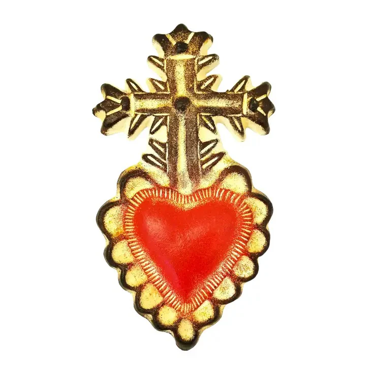 Mexican Pottery Sacred Heart with Cross - Image 2