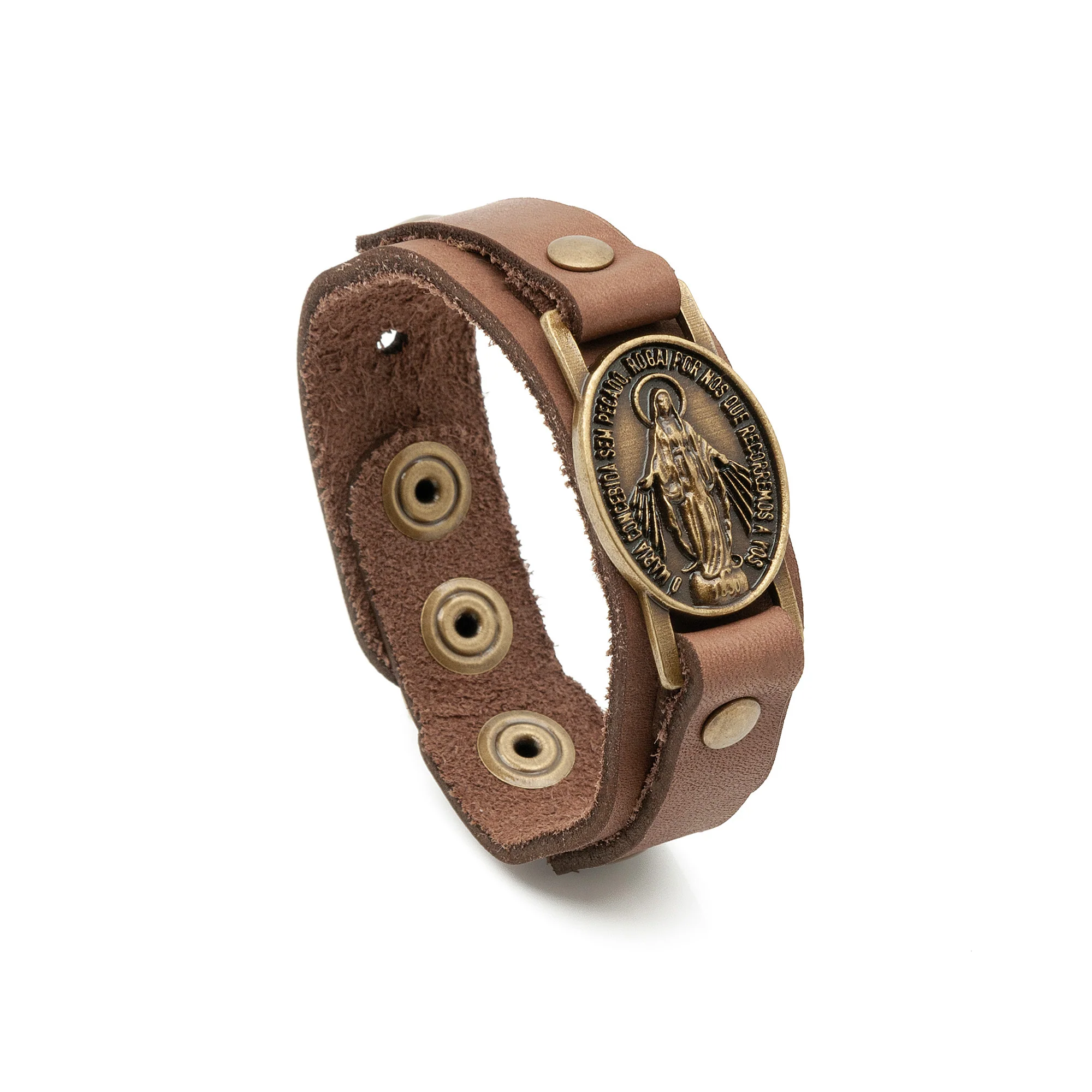 Miraculous Medal Leather Bracelet - Brown or Black - Image 4