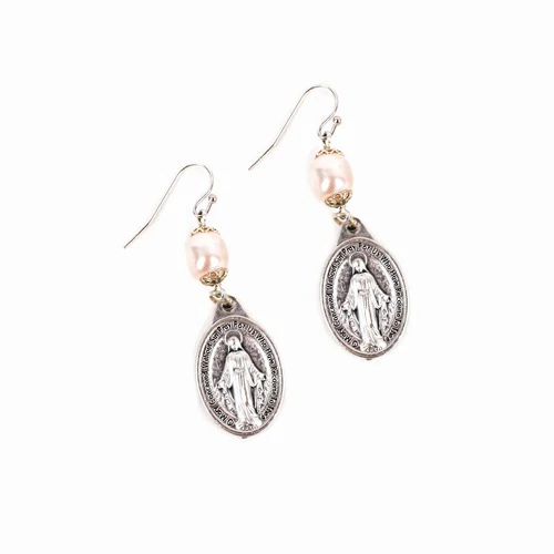 Miraculous Medal Pearl Earrings