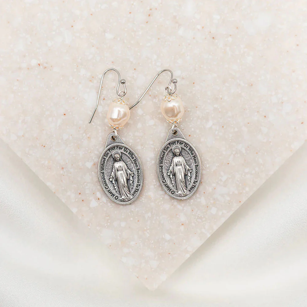 Miraculous Medal Pearl Earrings in Silver
