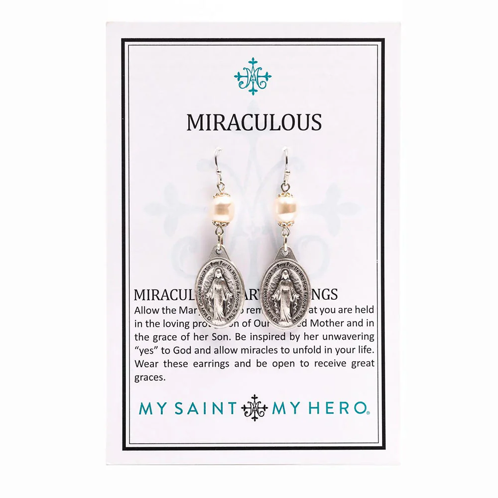 Miraculous Medal Pearl Earrings in Silver - Image 3