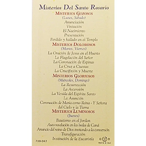 Misterios Del Santo Rosario (Mysteries of Rosary) - Spanish Prayer Card - Image 2