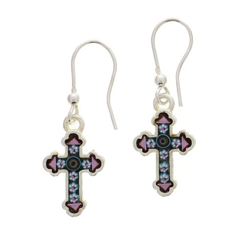 Mosaic Florentine Silver Cross Earrings