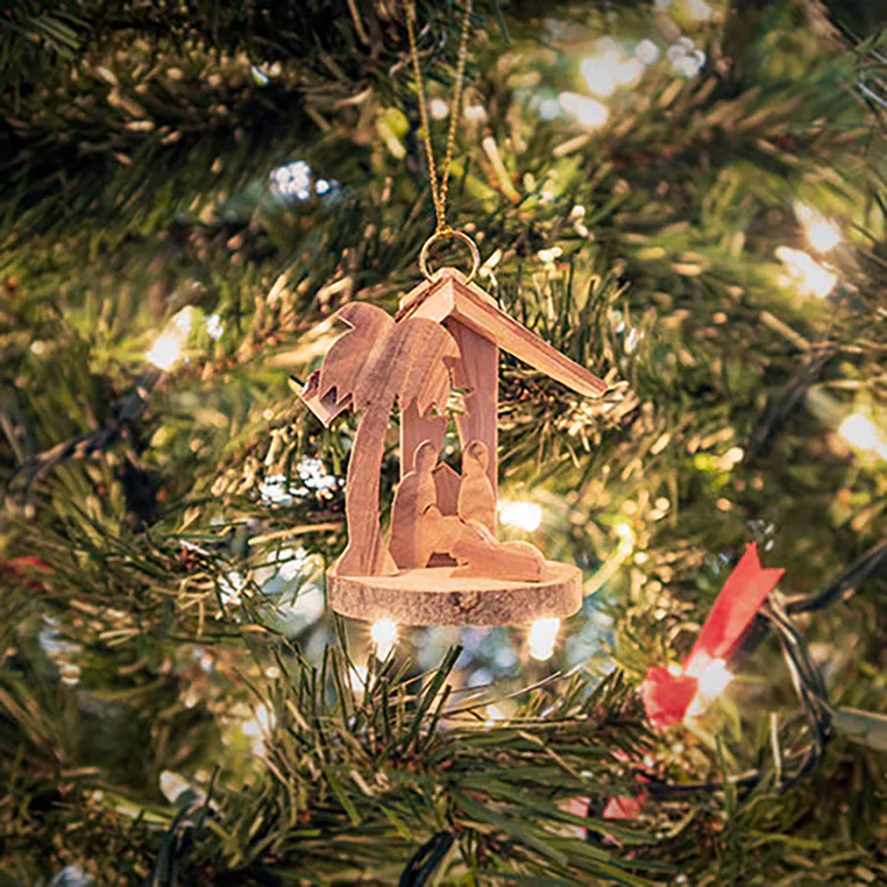 Nativity & Star Holy Land Olive Wood Ornament - Image 2
