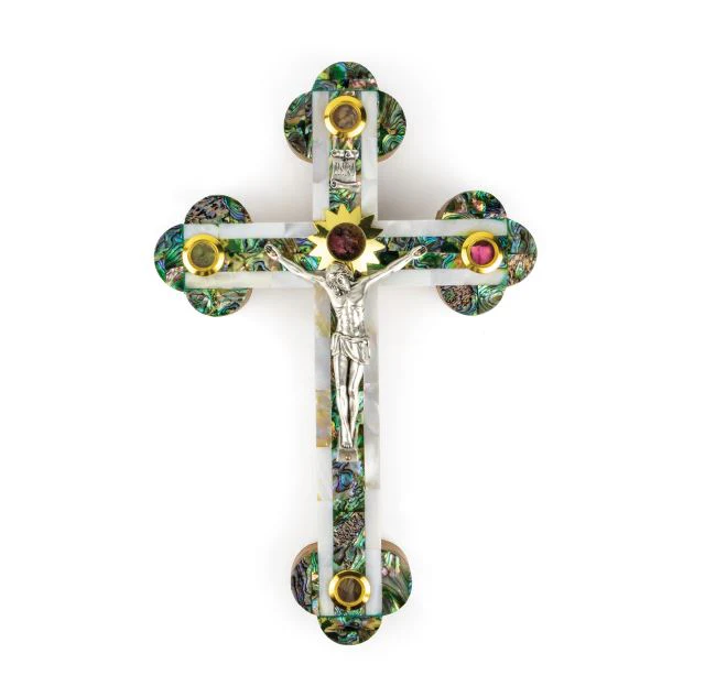 Olive Wood & Mother of Pearl Crucifix with 5 Elements - 11" - Image 2
