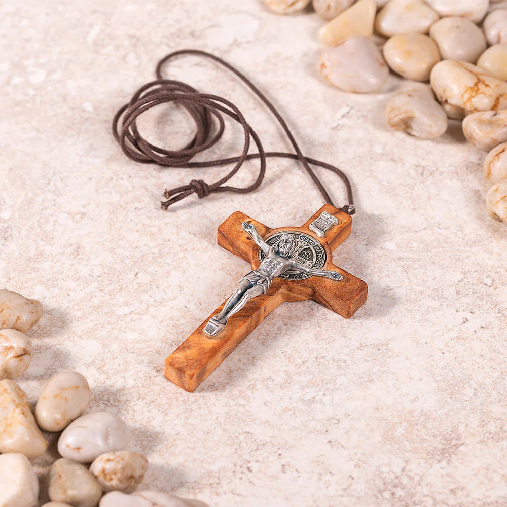 Olive Wood St. Benedict Crucifix Corded Necklace - Image 2