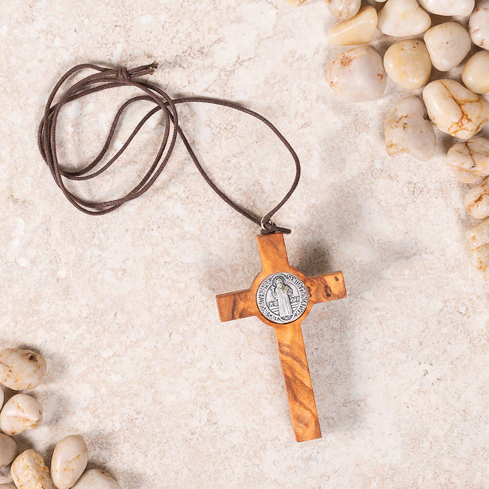 Olive Wood St. Benedict Crucifix Corded Necklace - Image 3