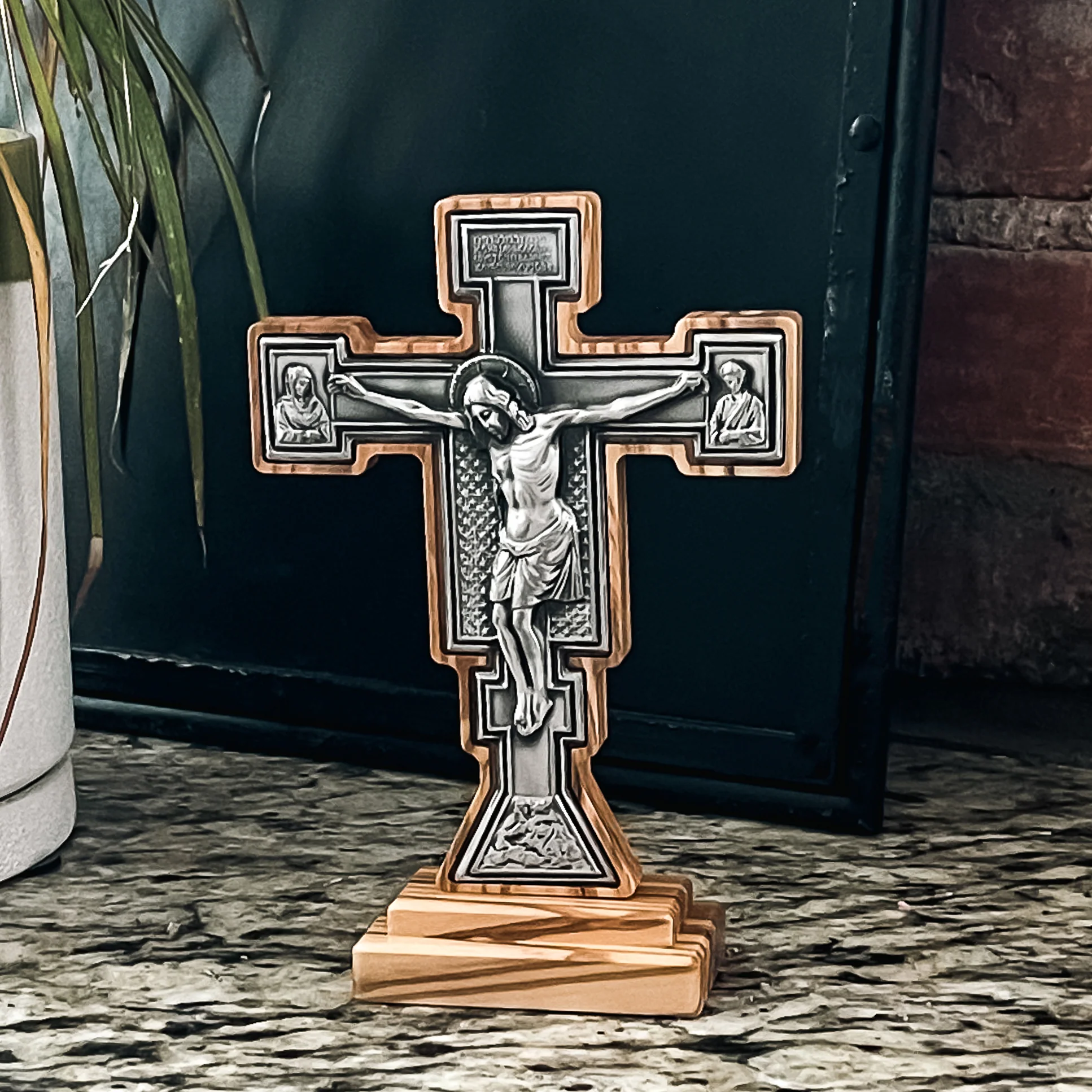 Olive Wood Standing Giotto Crucifix - 7.3"