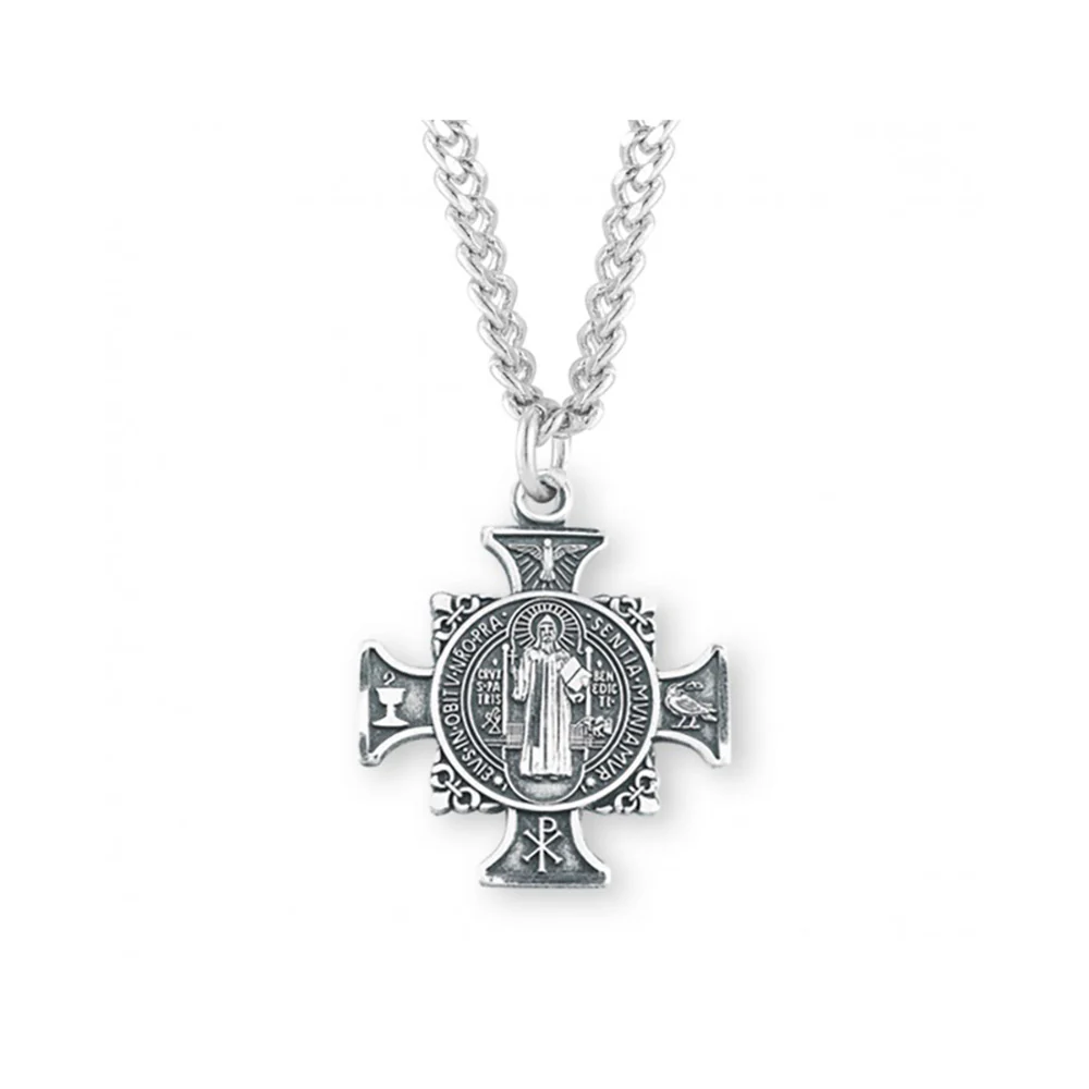 Ornate Sterling St. Benedict Medal Cross Necklace