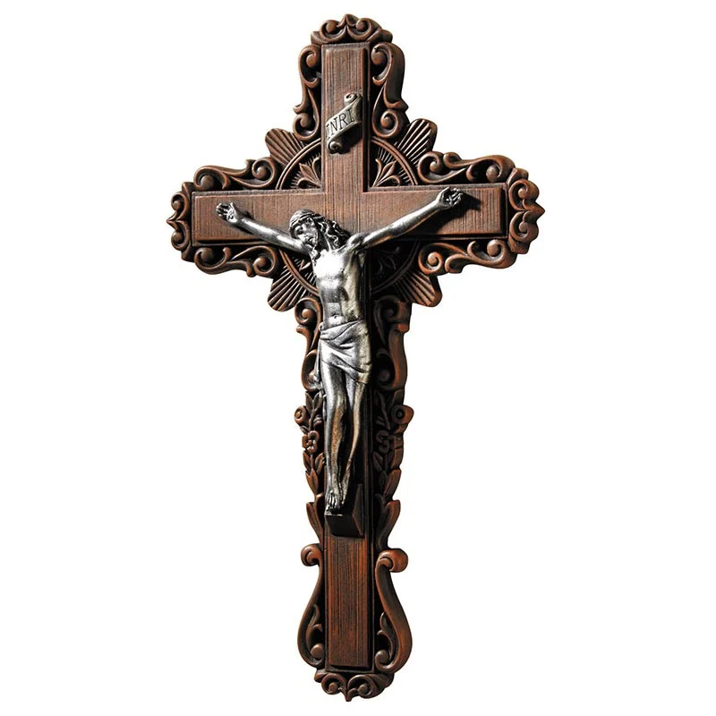 Ornate Wood Look Sunburst Crucifix - 10" - Image 3