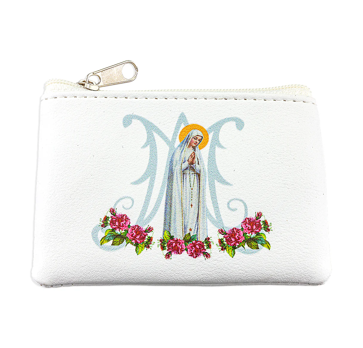 Our Lady of Fatima White Leatherette Rosary Pouch