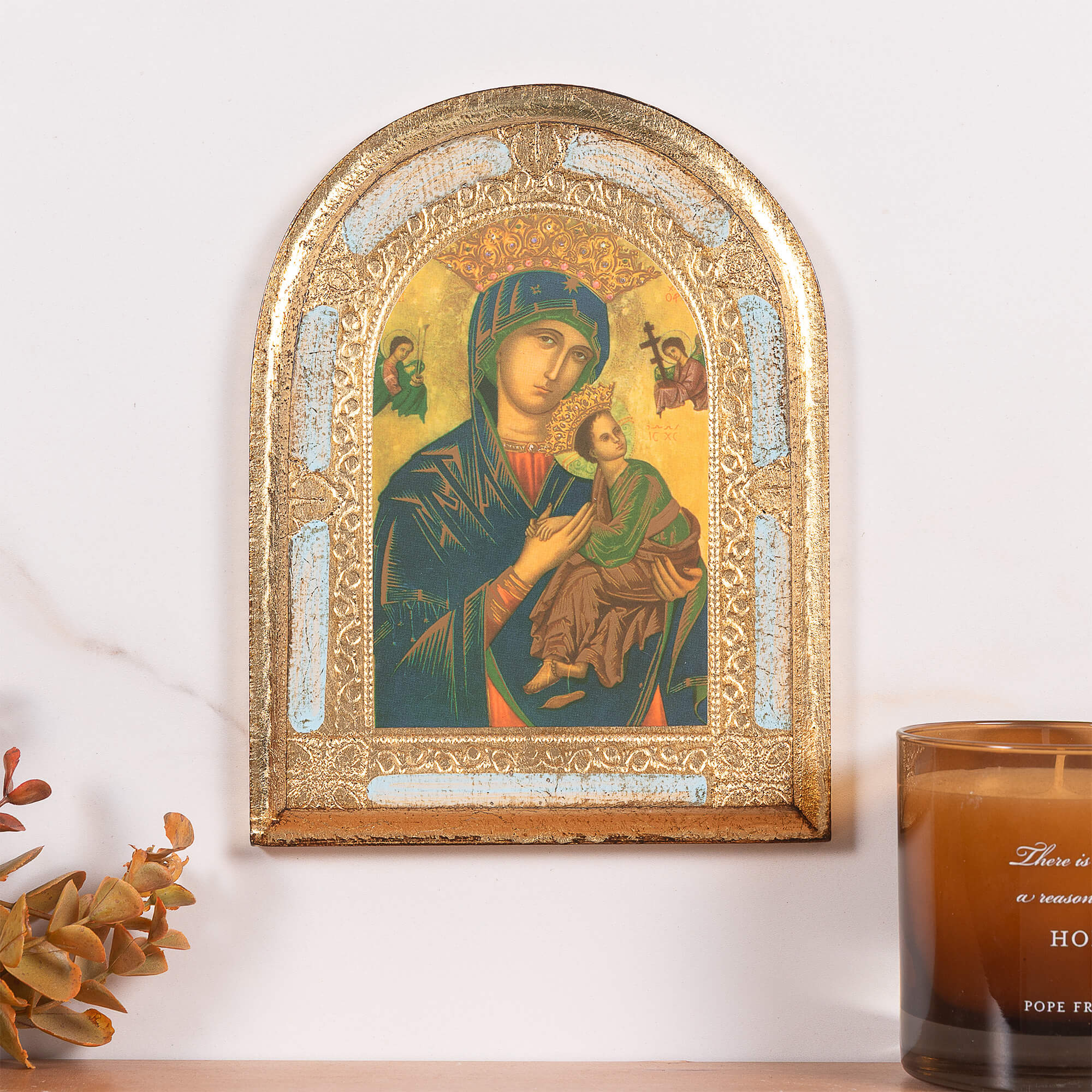 Our Lady of Perpetual Help Gold & Blue Arched Florentine Plaque - 8" x 6"