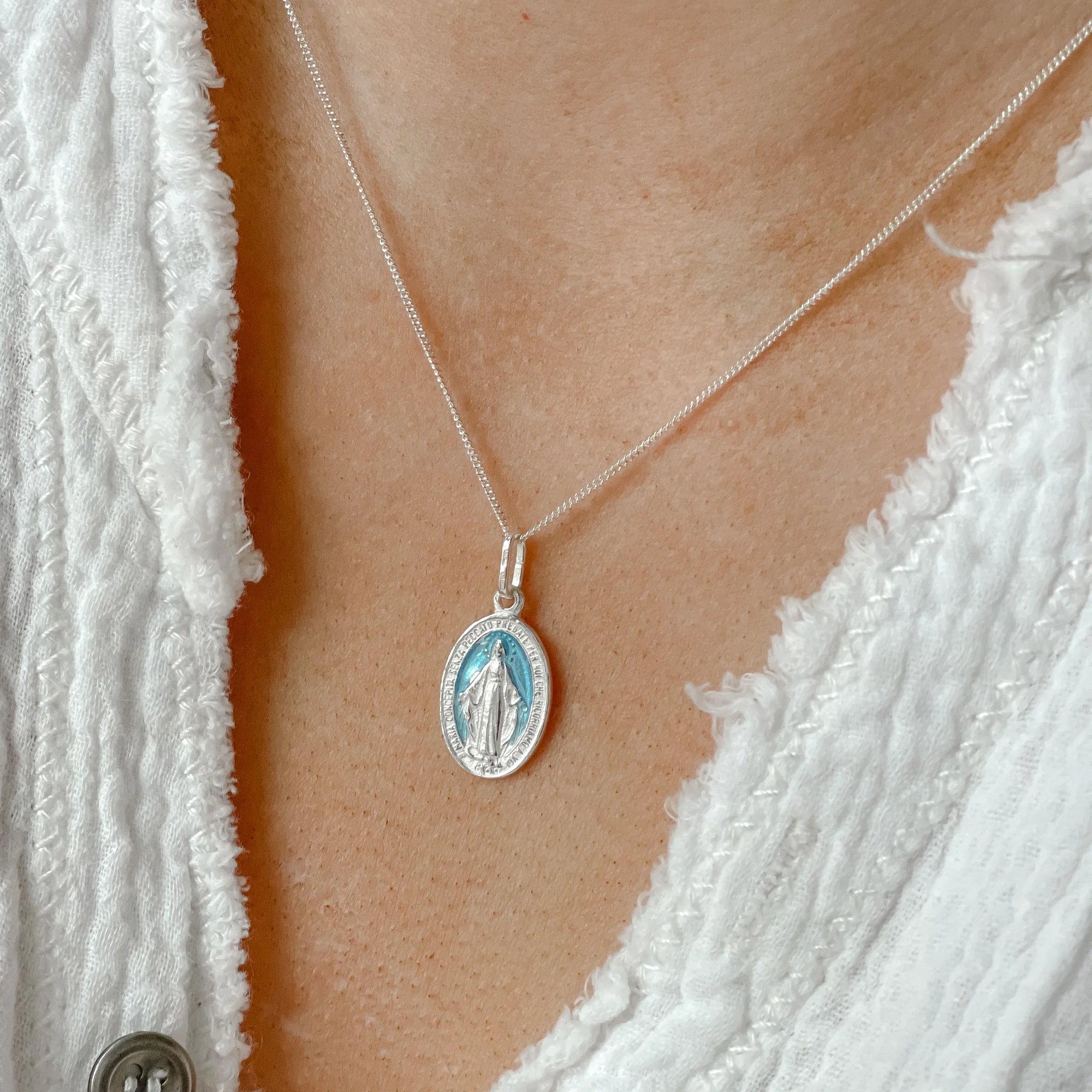 Oval Miraculous Medal Necklace with Light Blue Enamel