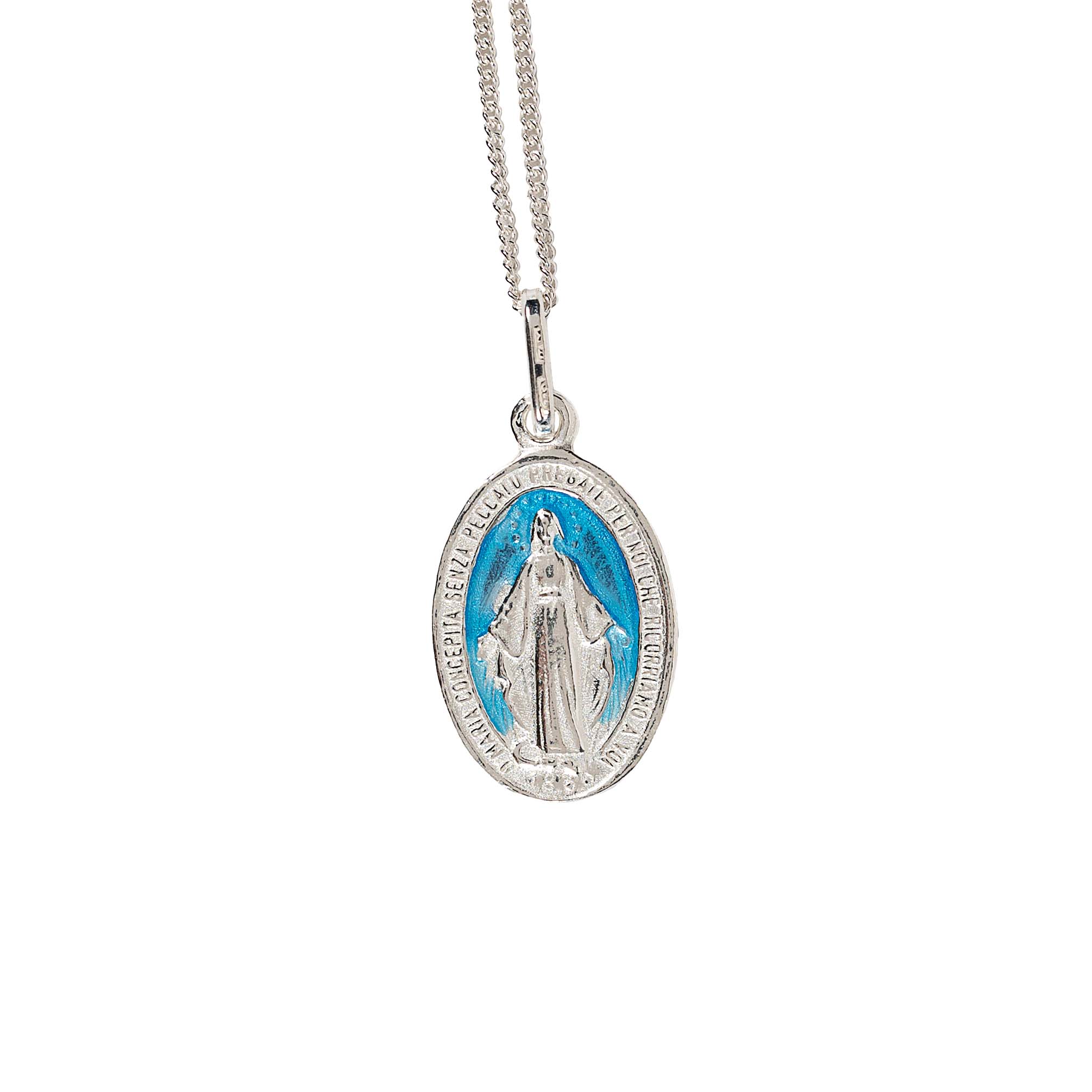 Oval Miraculous Medal Necklace with Light Blue Enamel - Image 2