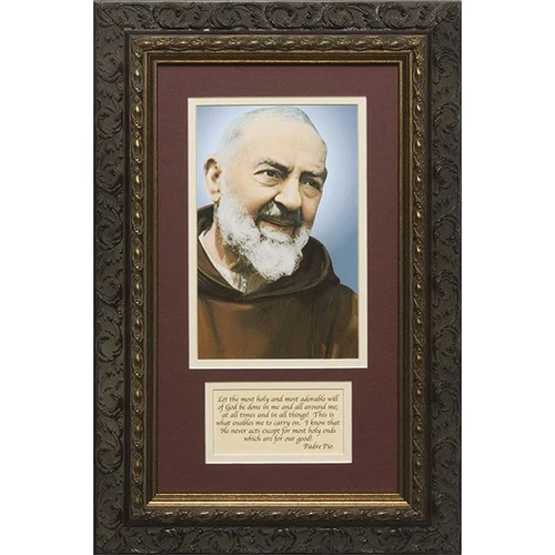 Padre Pio Matted with Prayer in Dark Ornate Frame - 8" x 14"